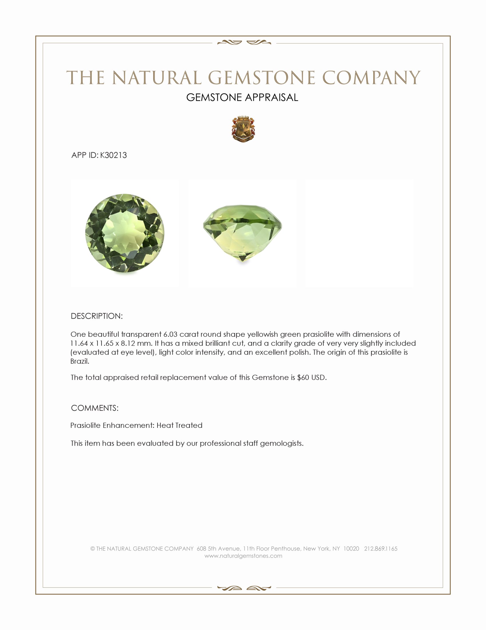 6.03 Ct. Yellowish Green Prasiolite from Brazil