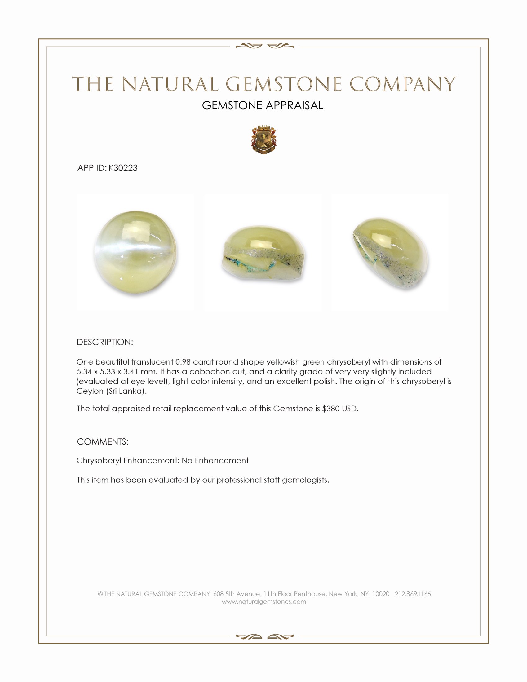 0.98 Ct. Yellowish Green Cabochon Chrysoberyl from Ceylon (Sri Lanka)