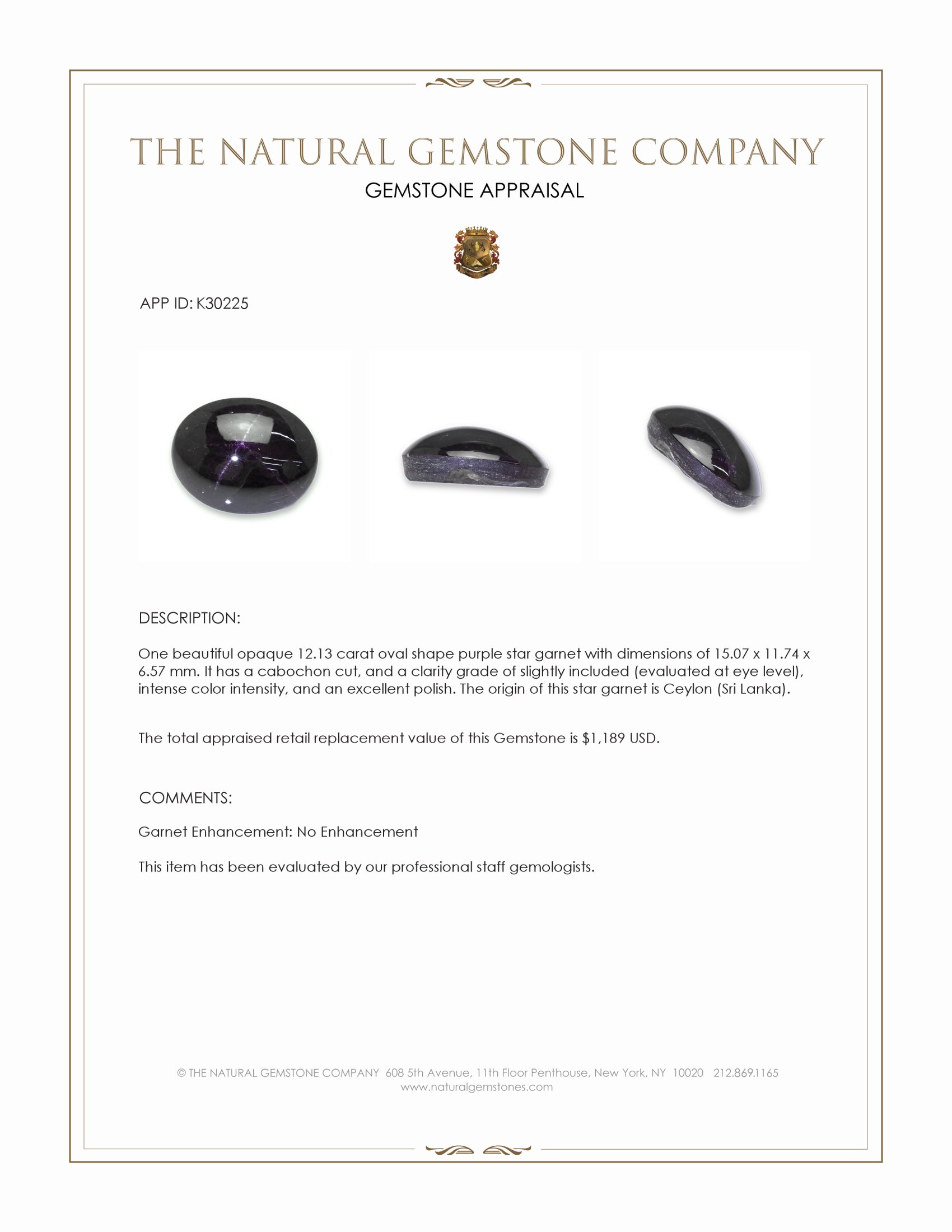 12.13 Ct. Purple Star Garnet from Ceylon (Sri Lanka)