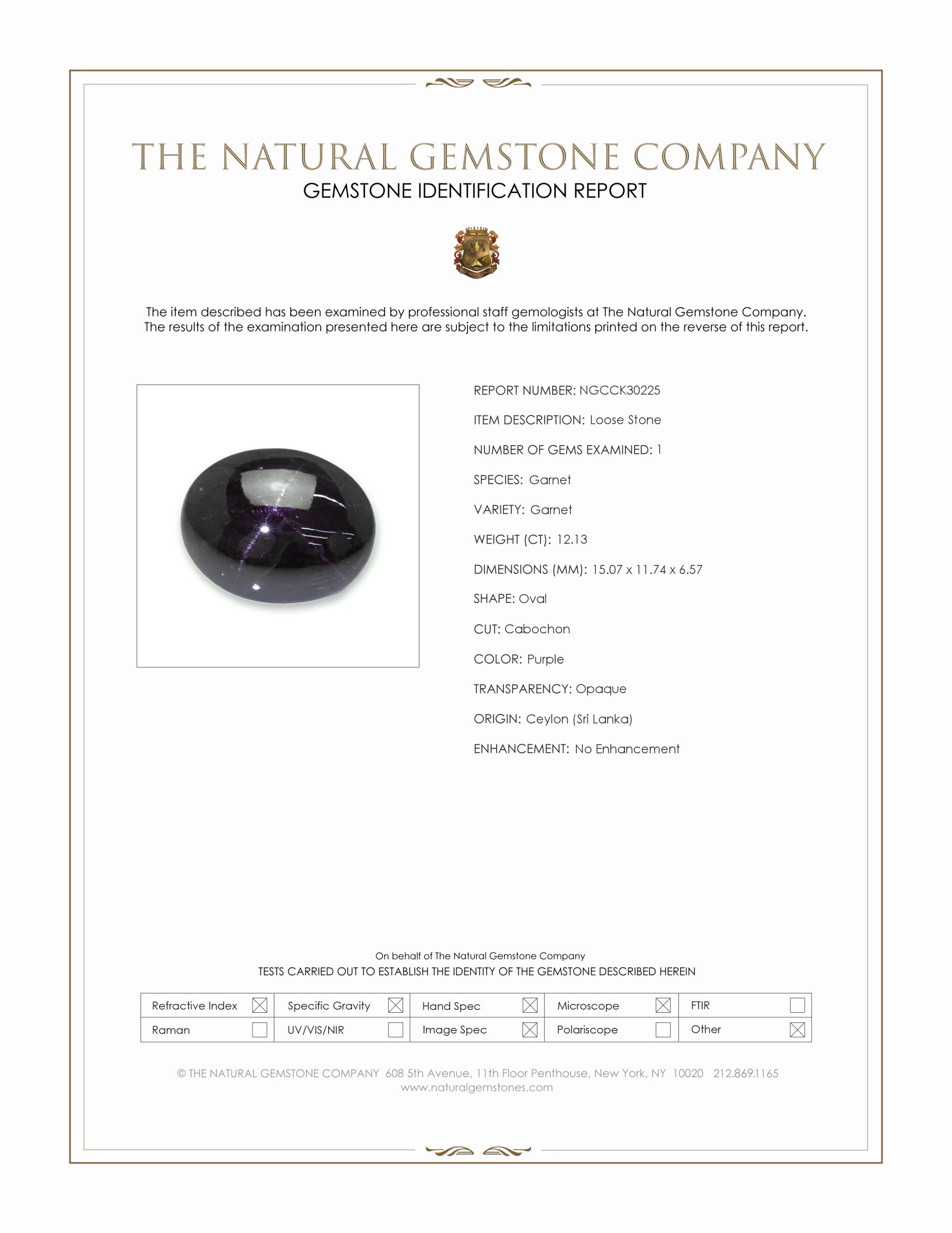 12.13 Ct. Purple Star Garnet from Ceylon (Sri Lanka)