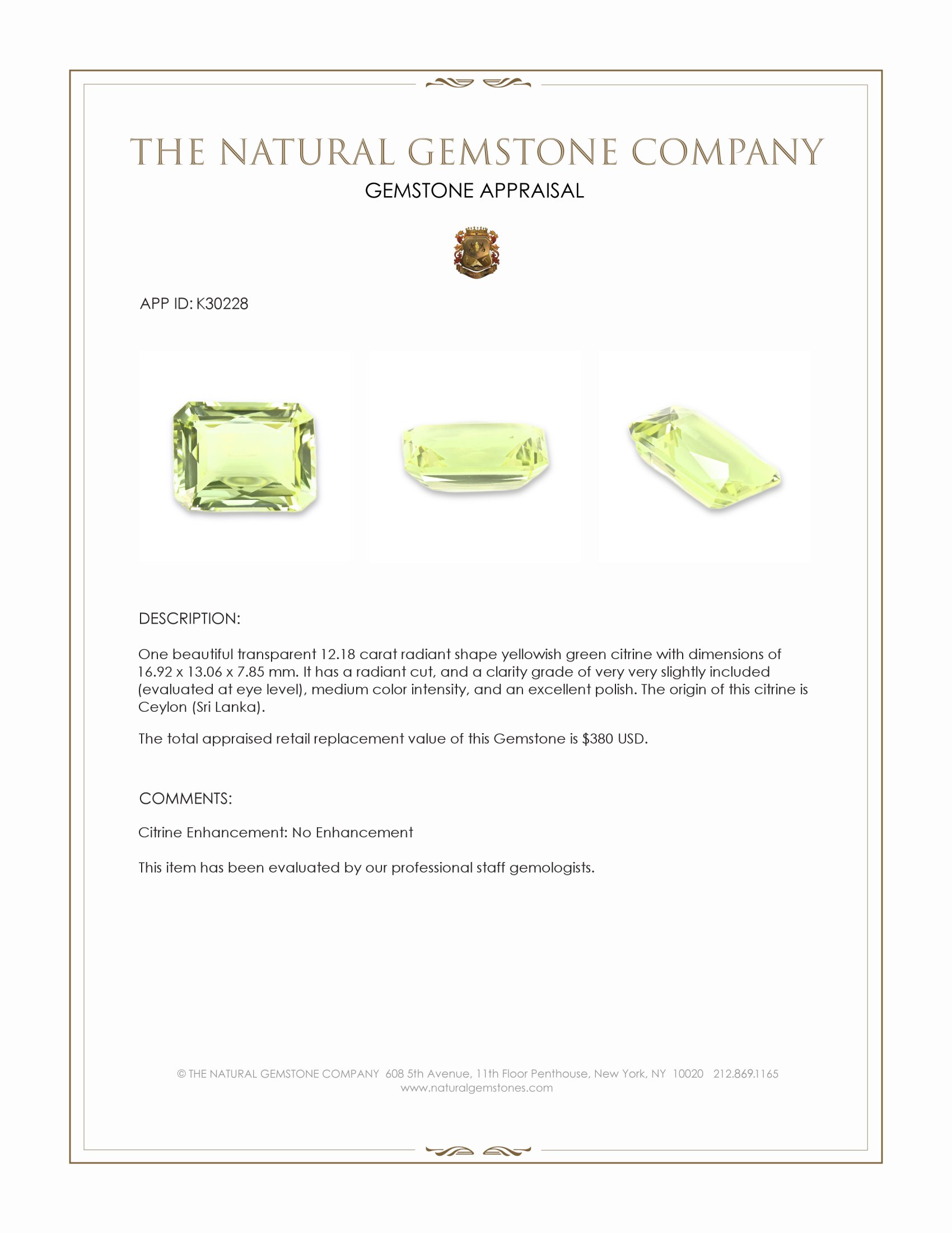 12.18 Ct. Yellowish Green Citrine from Ceylon (Sri Lanka)
