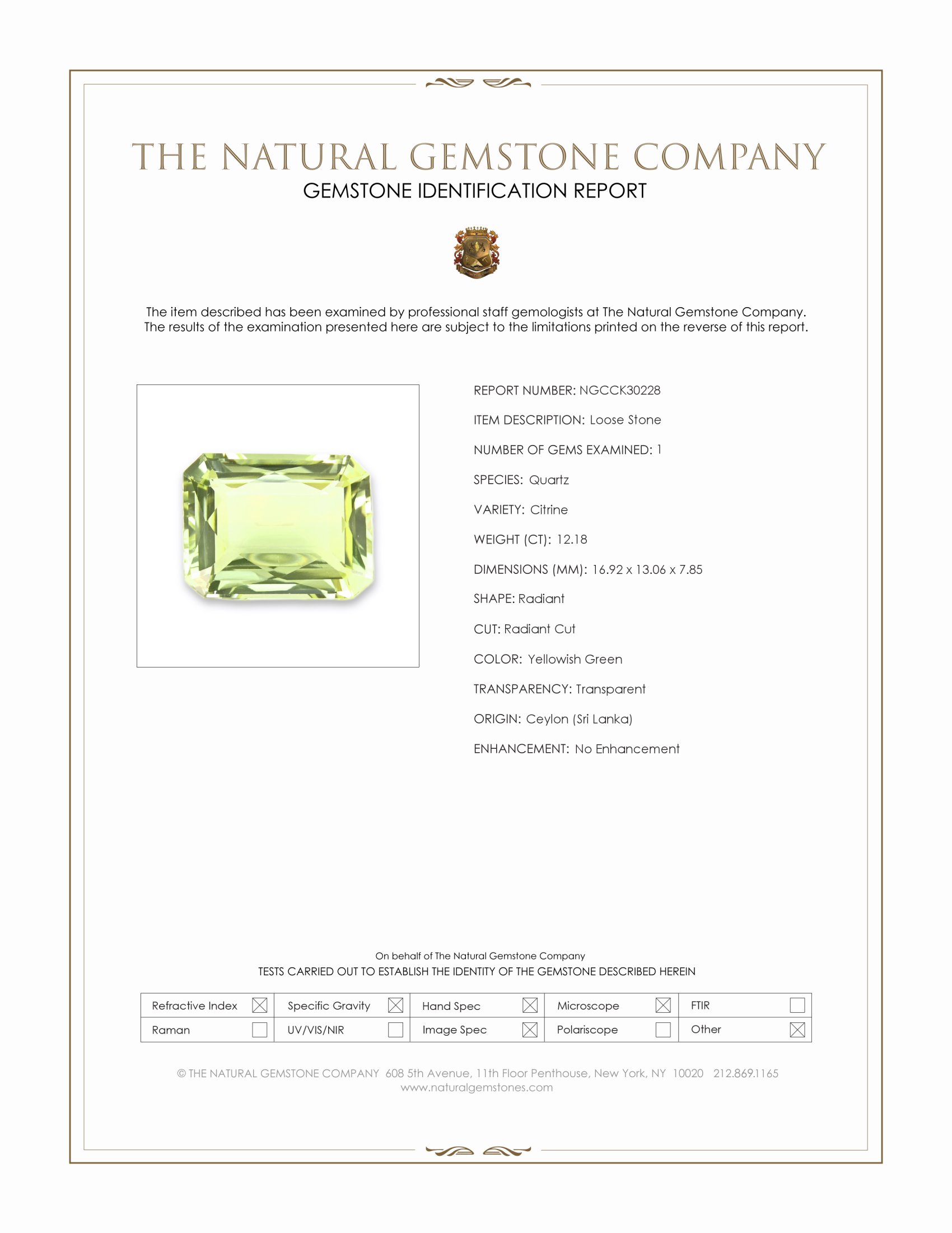 12.18 Ct. Yellowish Green Citrine from Ceylon (Sri Lanka)