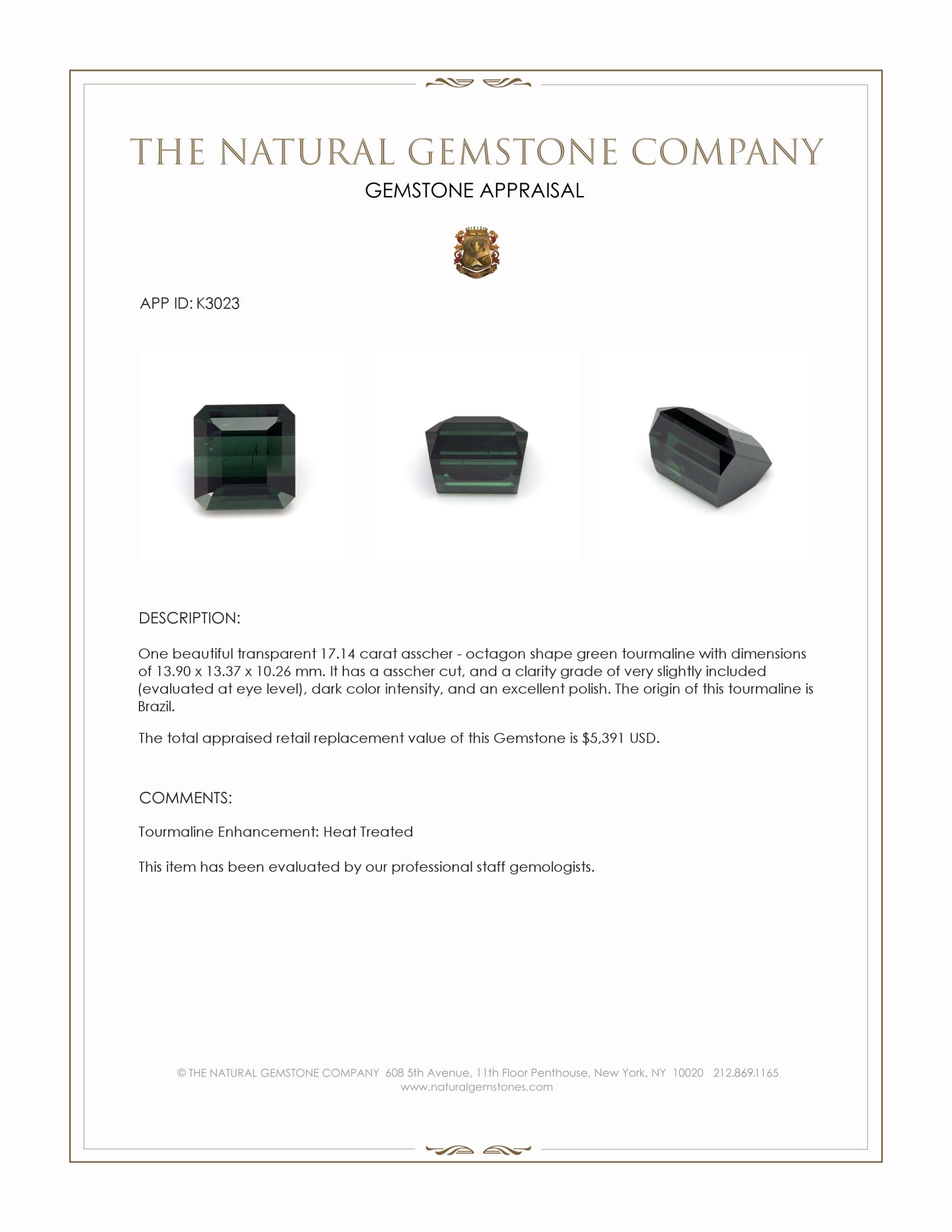 17.14 Ct. Green Tourmaline from Brazil