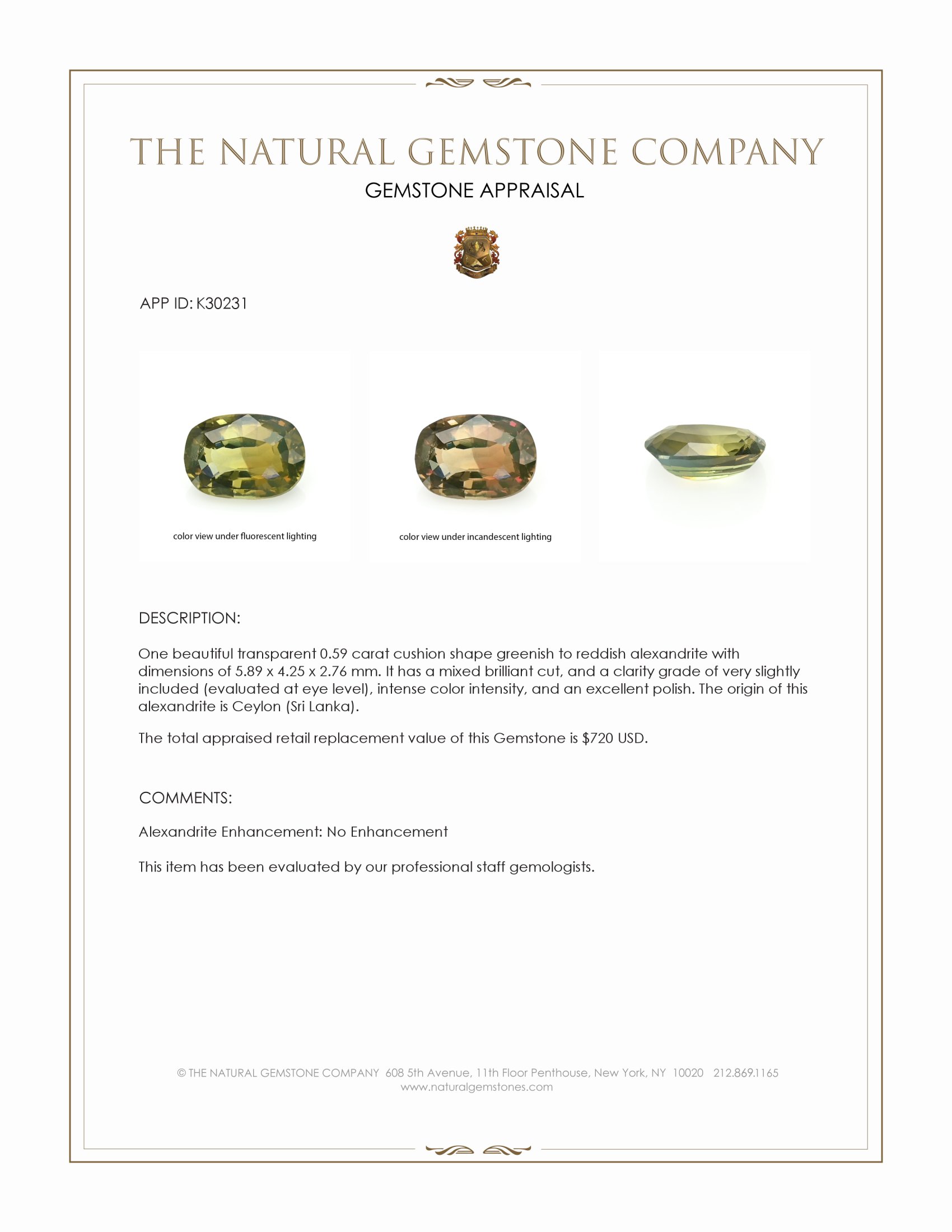 0.59 Ct. Alexandrite from Ceylon (Sri Lanka)