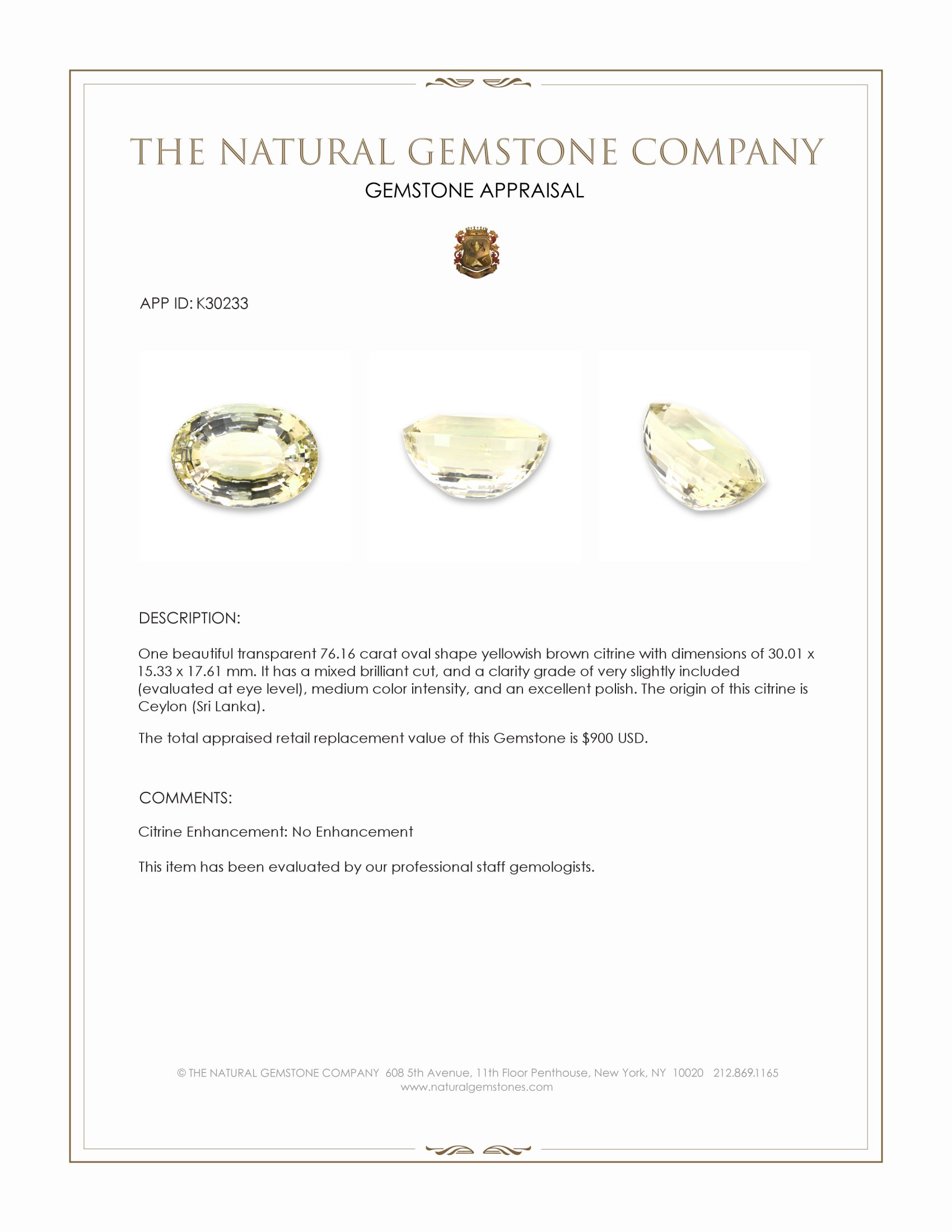 76.16 Ct. Yellowish Brown Citrine from Ceylon (Sri Lanka)