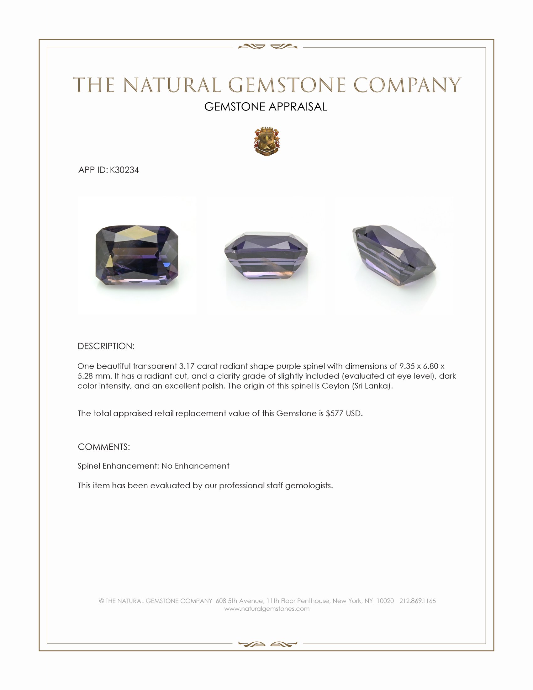 3.17 Ct. Bluish Purple Spinel from Ceylon (Sri Lanka)