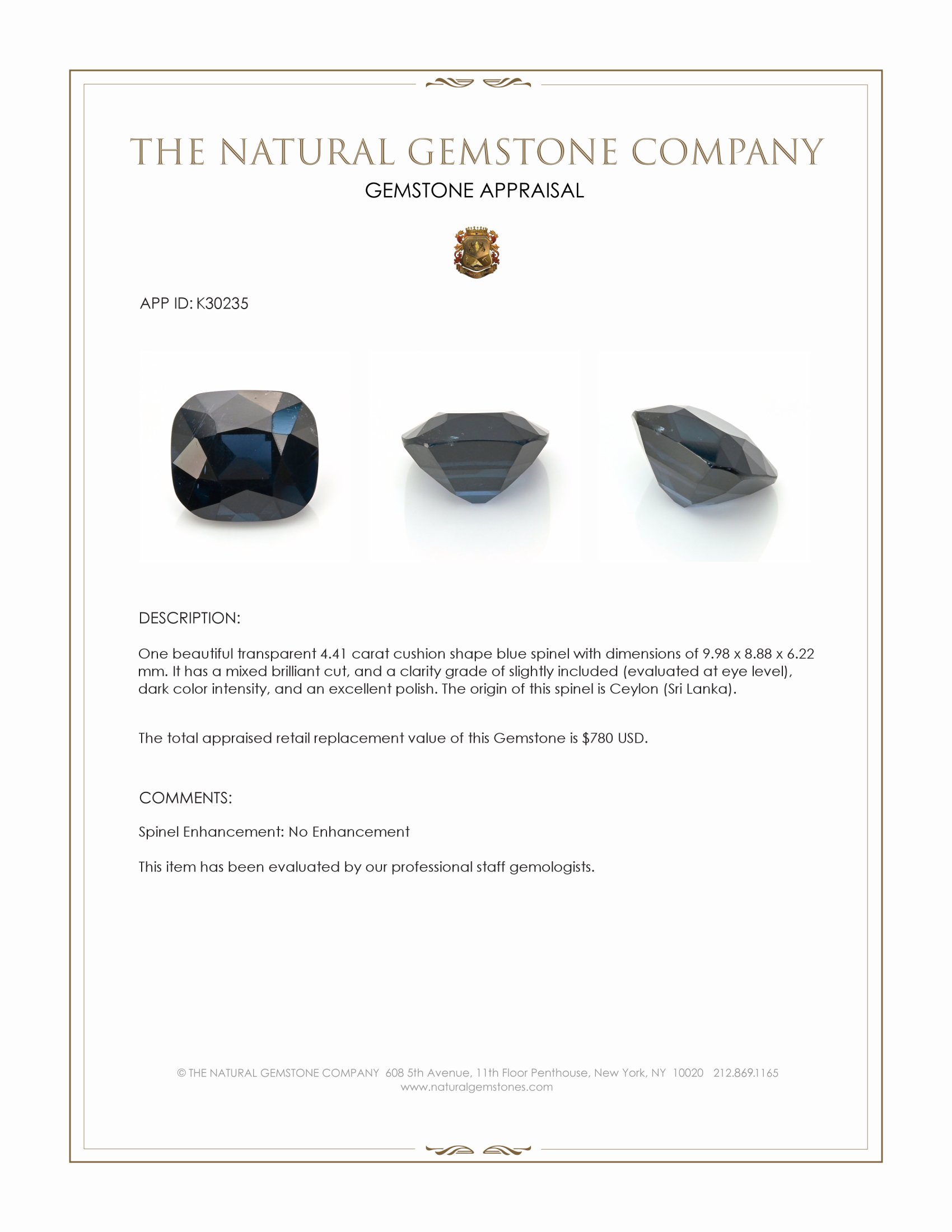 4.41 Ct. Blue Spinel from Ceylon (Sri Lanka)