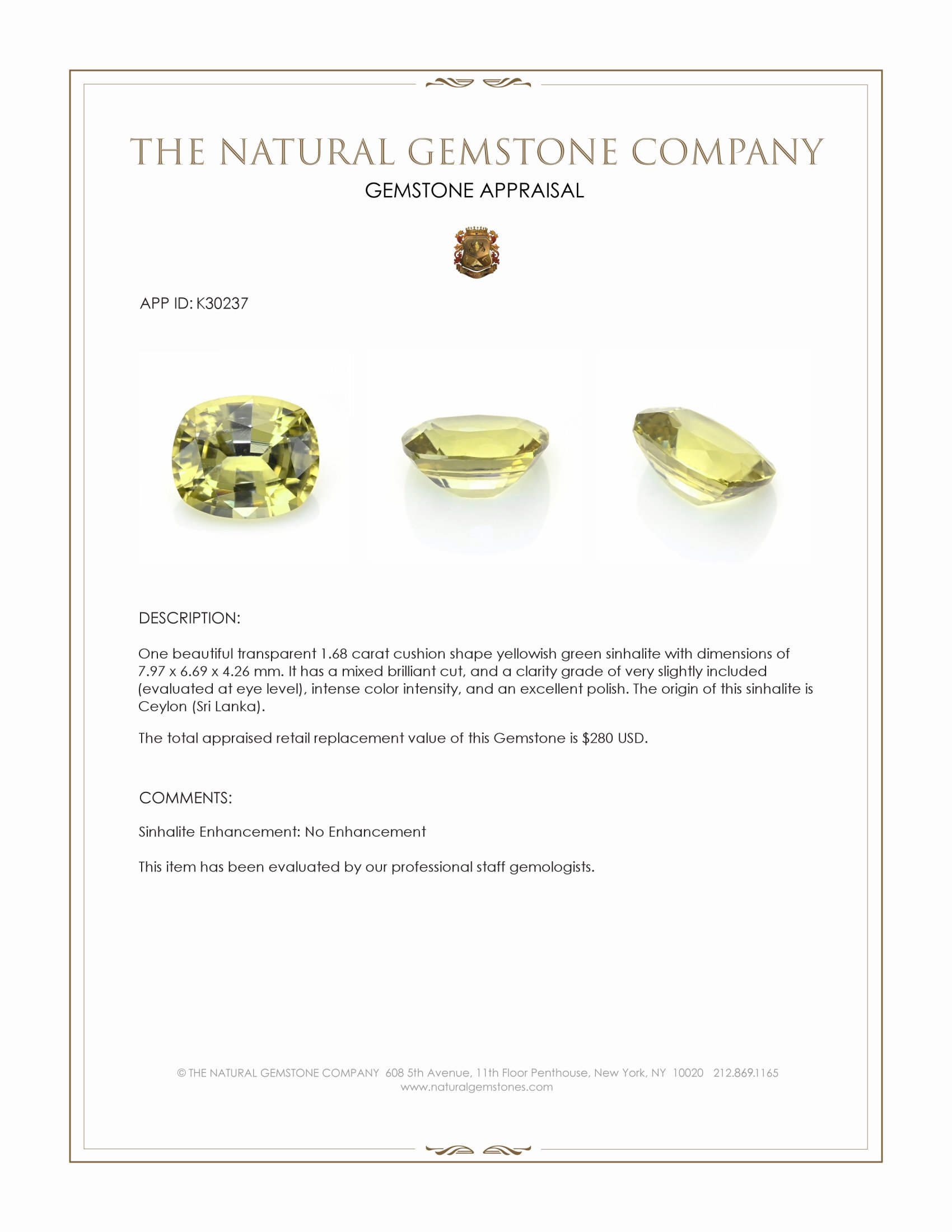 1.68 Ct. Yellowish Green Sinhalite from Ceylon (Sri Lanka)