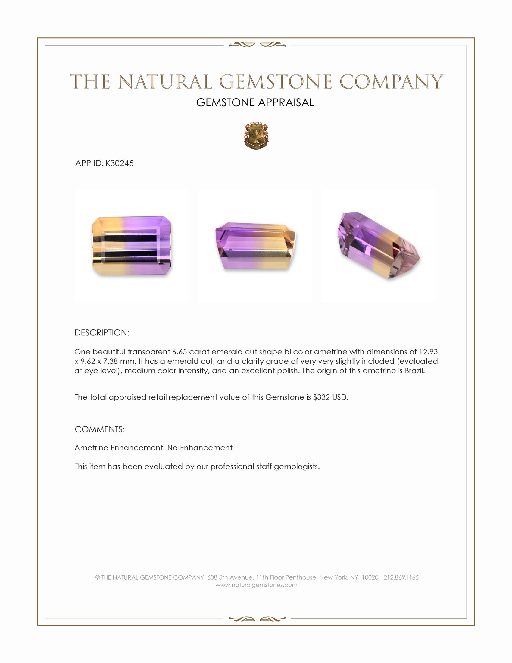 6.65 Ct. Bi Color Ametrine from Brazil