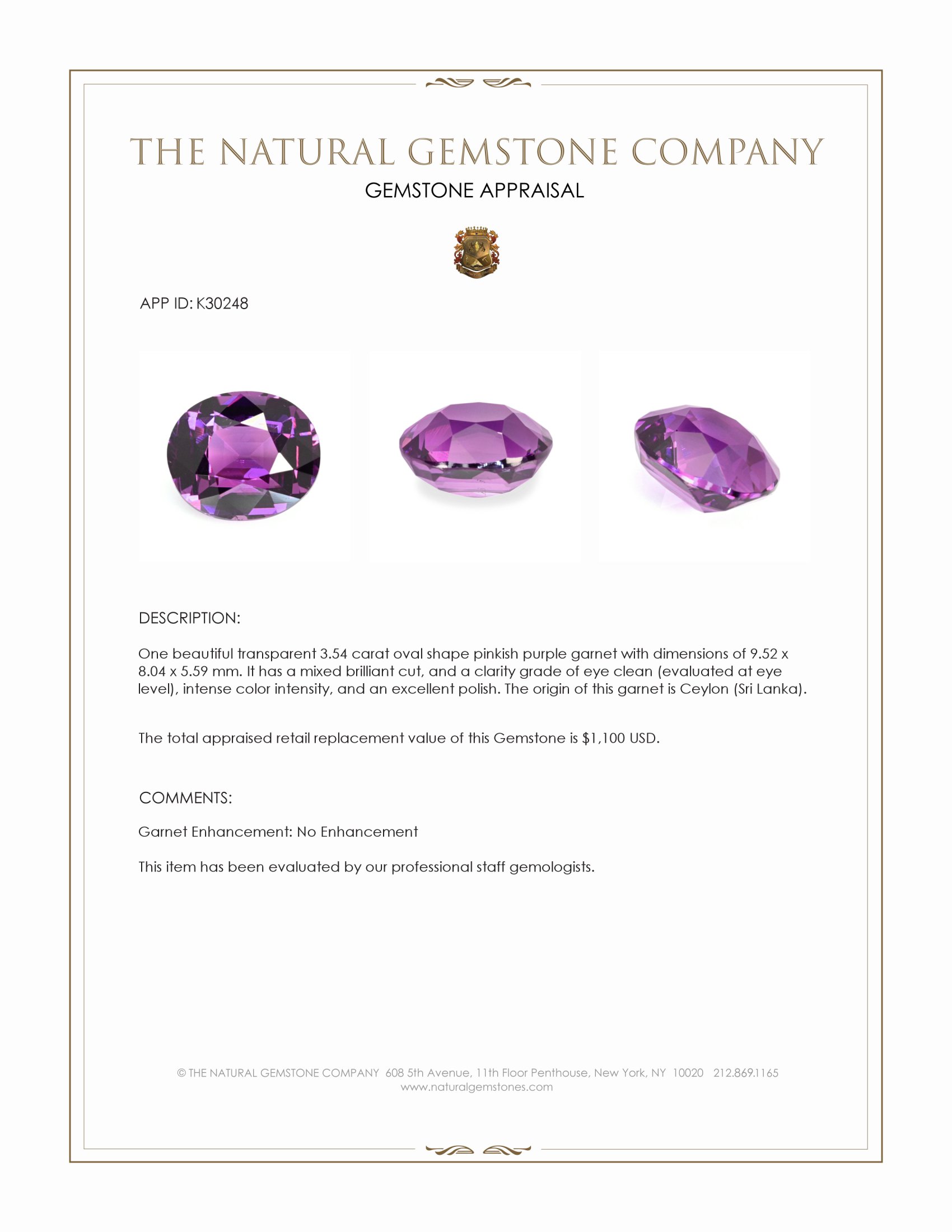 3.54 Ct. Pinkish Purple Garnet from Ceylon (Sri Lanka)