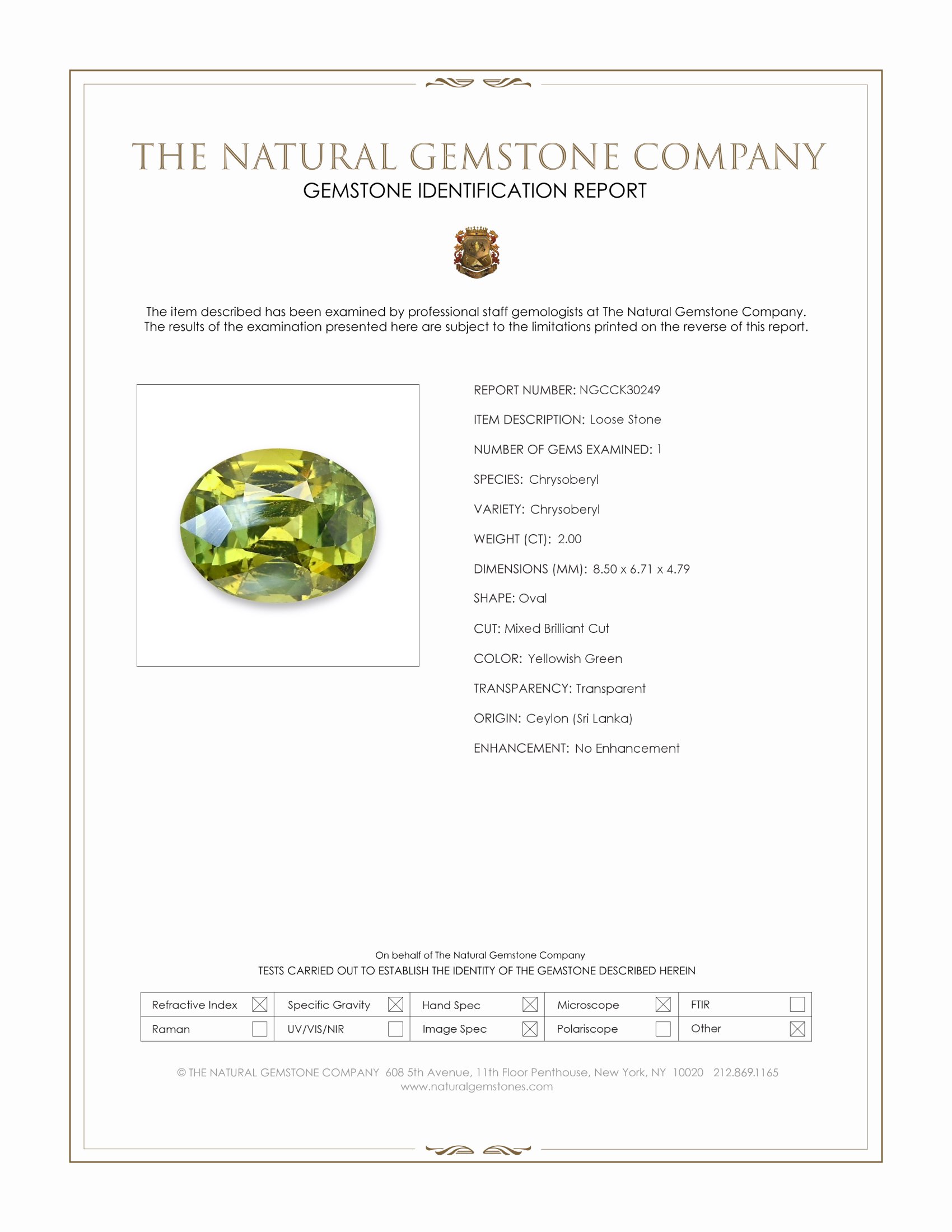 2.00 Ct. Yellowish Green Chrysoberyl from Ceylon (Sri Lanka)