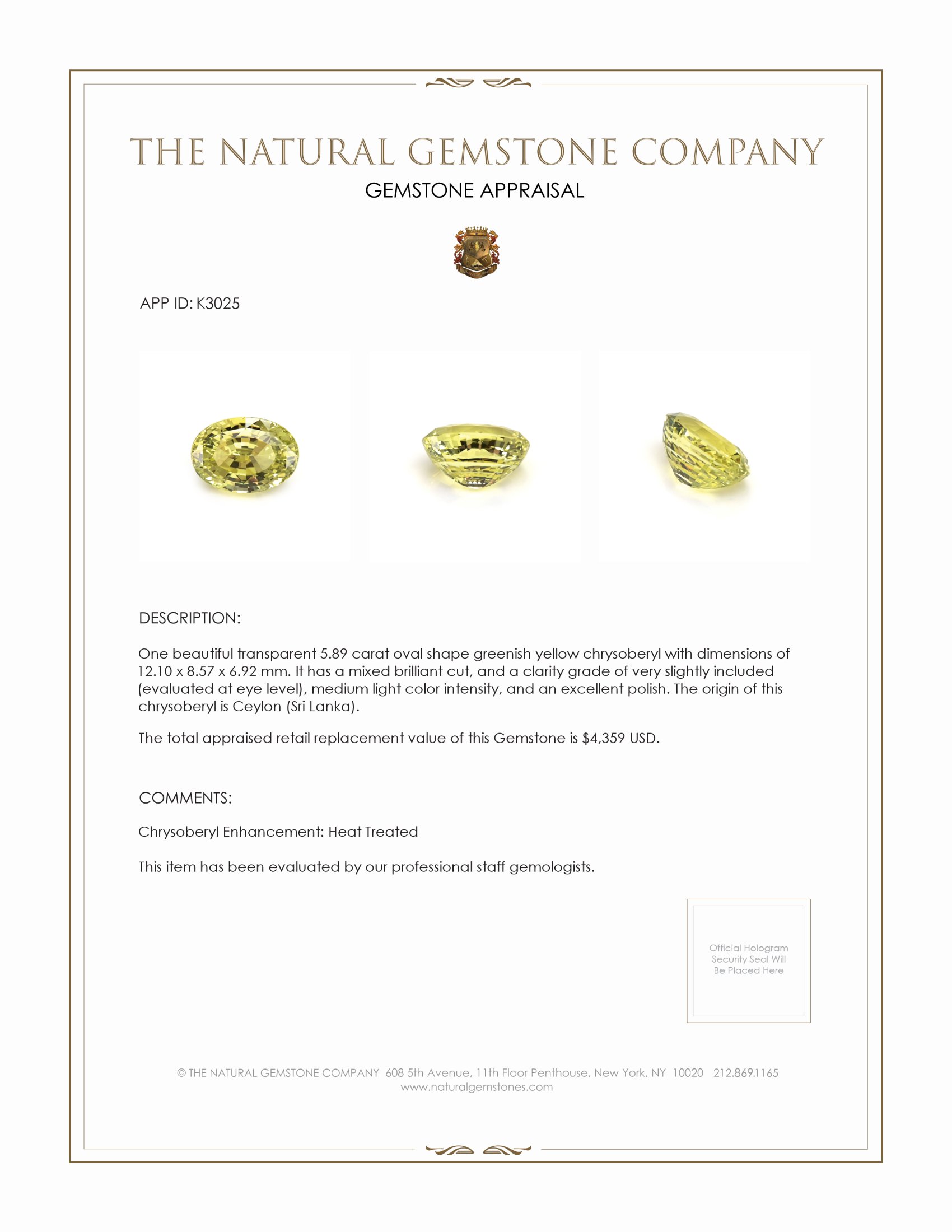 5.89 Ct. Chrysoberyl from Ceylon (Sri Lanka)