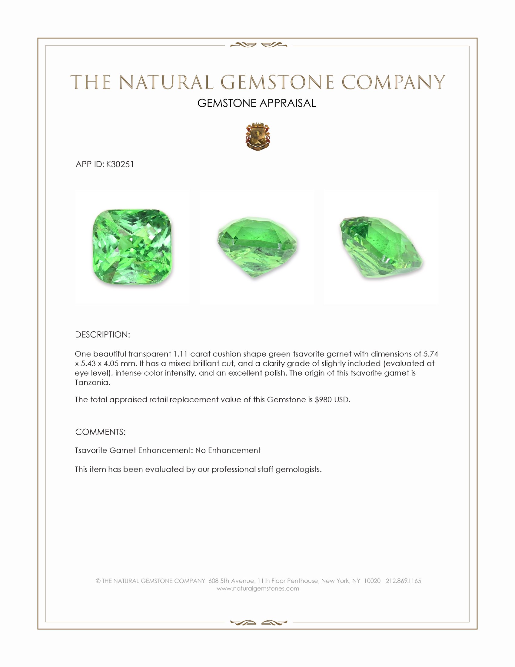 1.11 Ct. Tsavorite Garnet from Tanzania