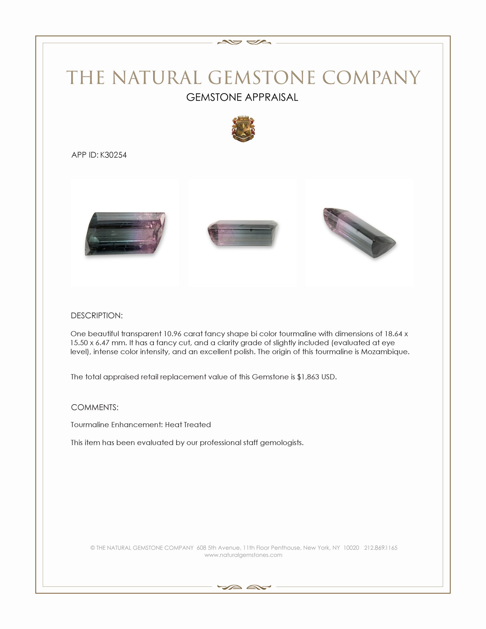 10.96 Ct. Bi Color Tourmaline from Mozambique