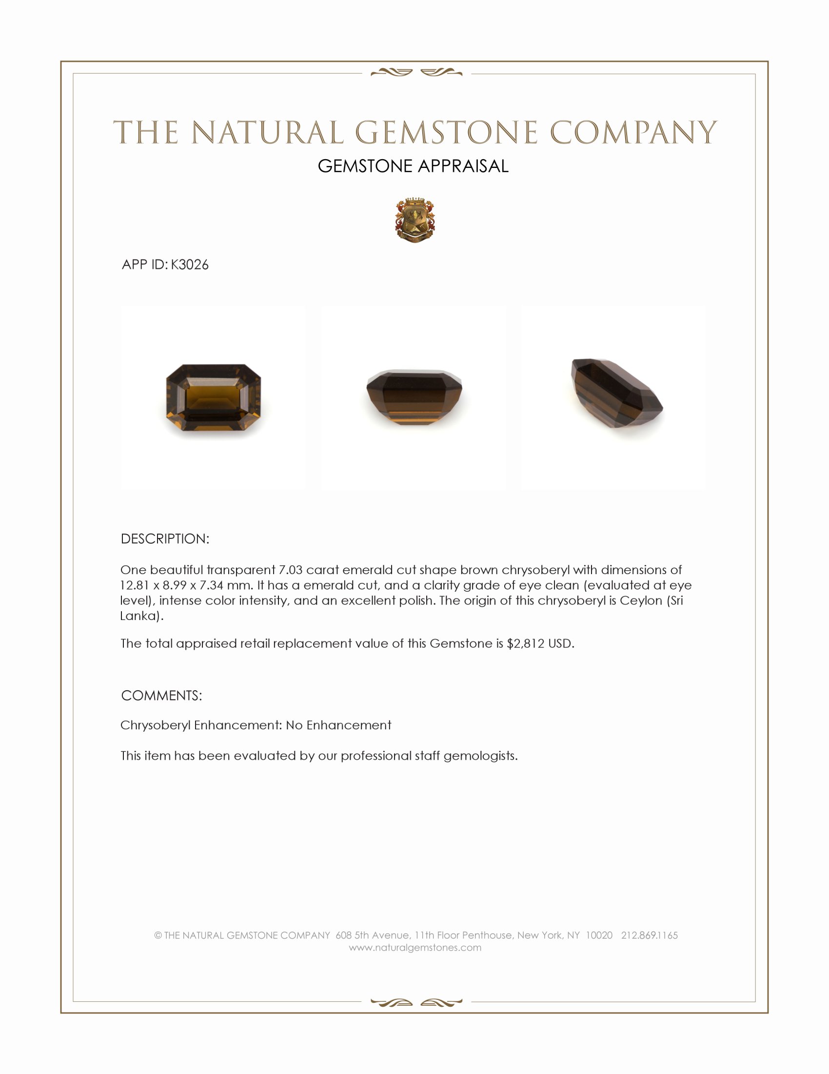 7.03 Ct. Chrysoberyl from Ceylon (Sri Lanka)