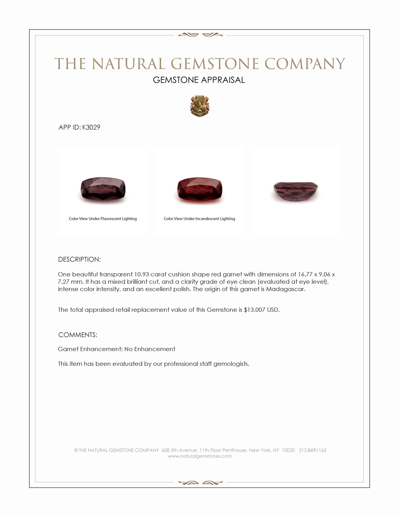 10.93 Ct. Red Garnet from Madagascar