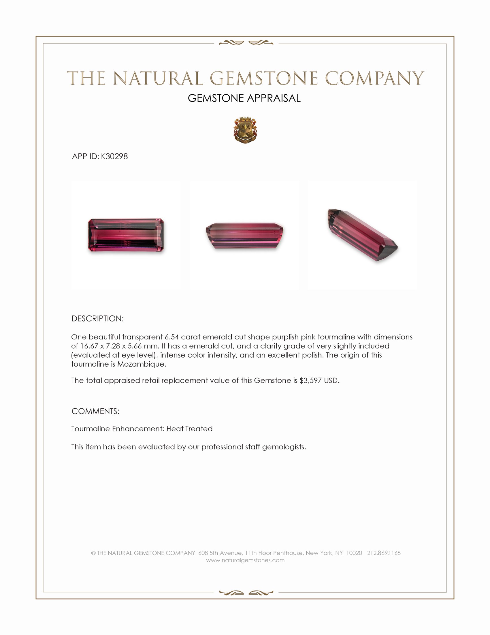6.54 Ct. Purplish Pink Tourmaline from Mozambique
