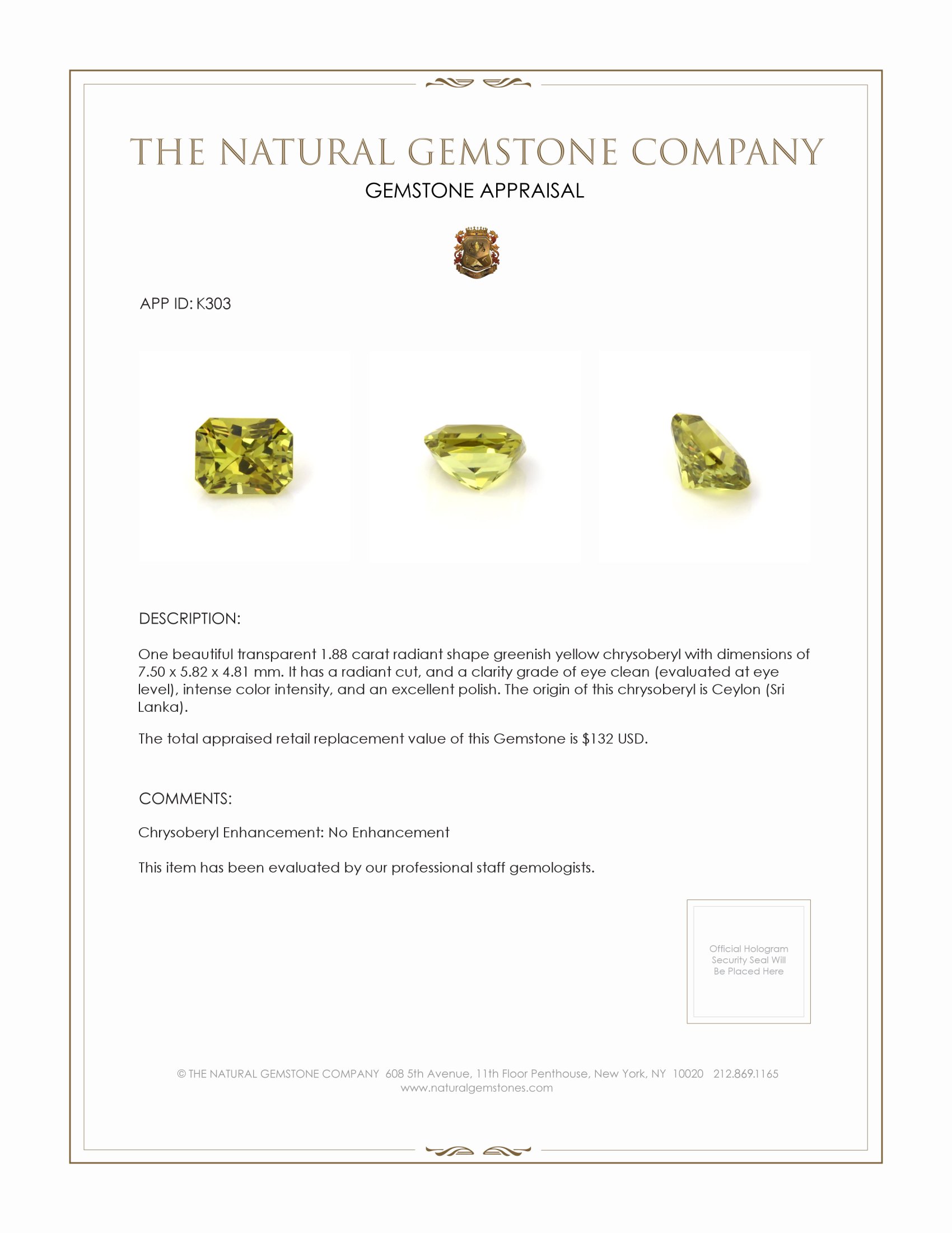 1.88 Ct. Chrysoberyl from Ceylon (Sri Lanka)