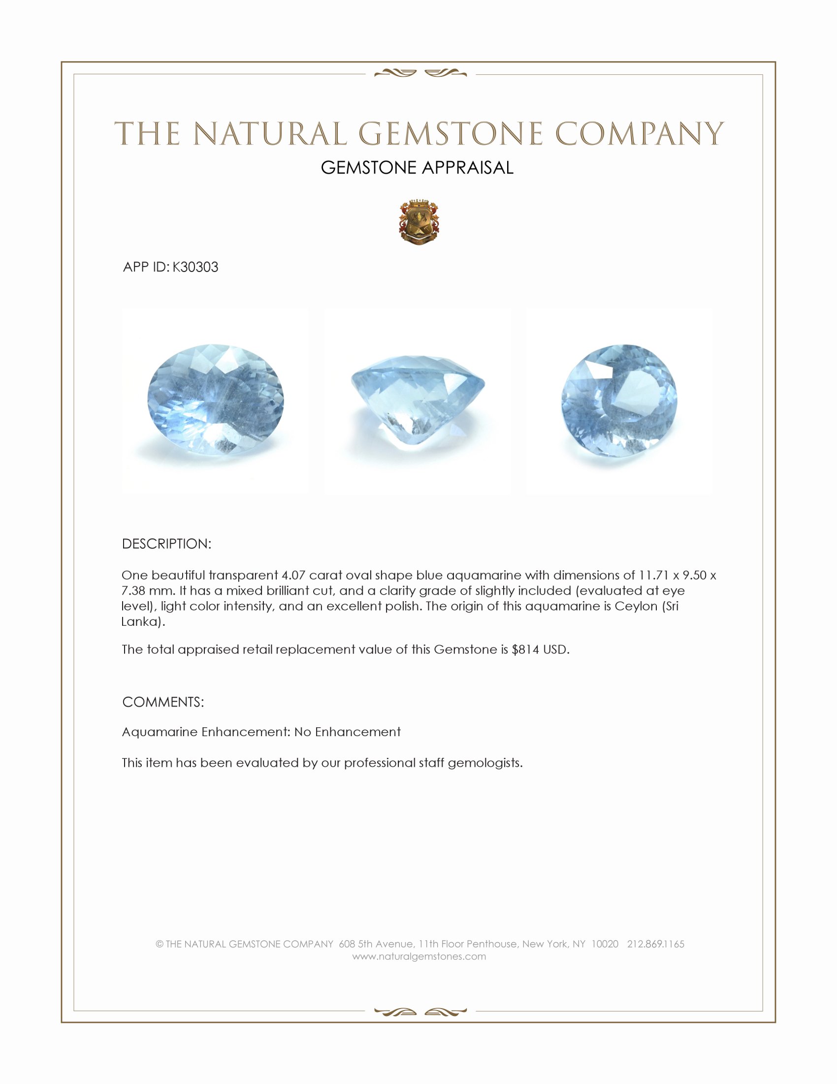 4.07 Ct. Blue Aquamarine from Ceylon (Sri Lanka)