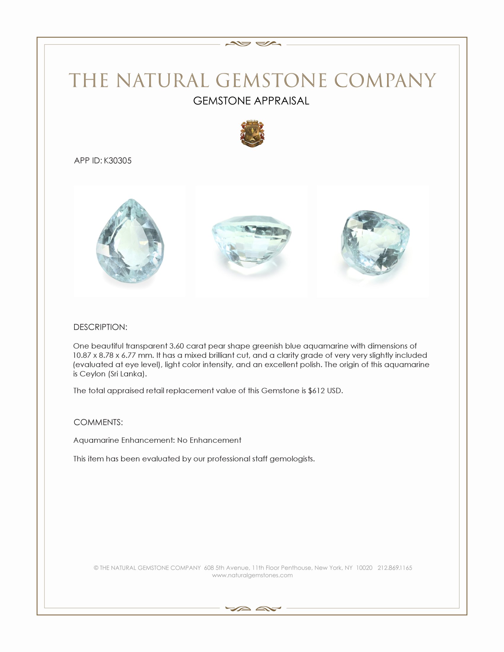 3.60 Ct. Greenish Blue Aquamarine from Ceylon (Sri Lanka)