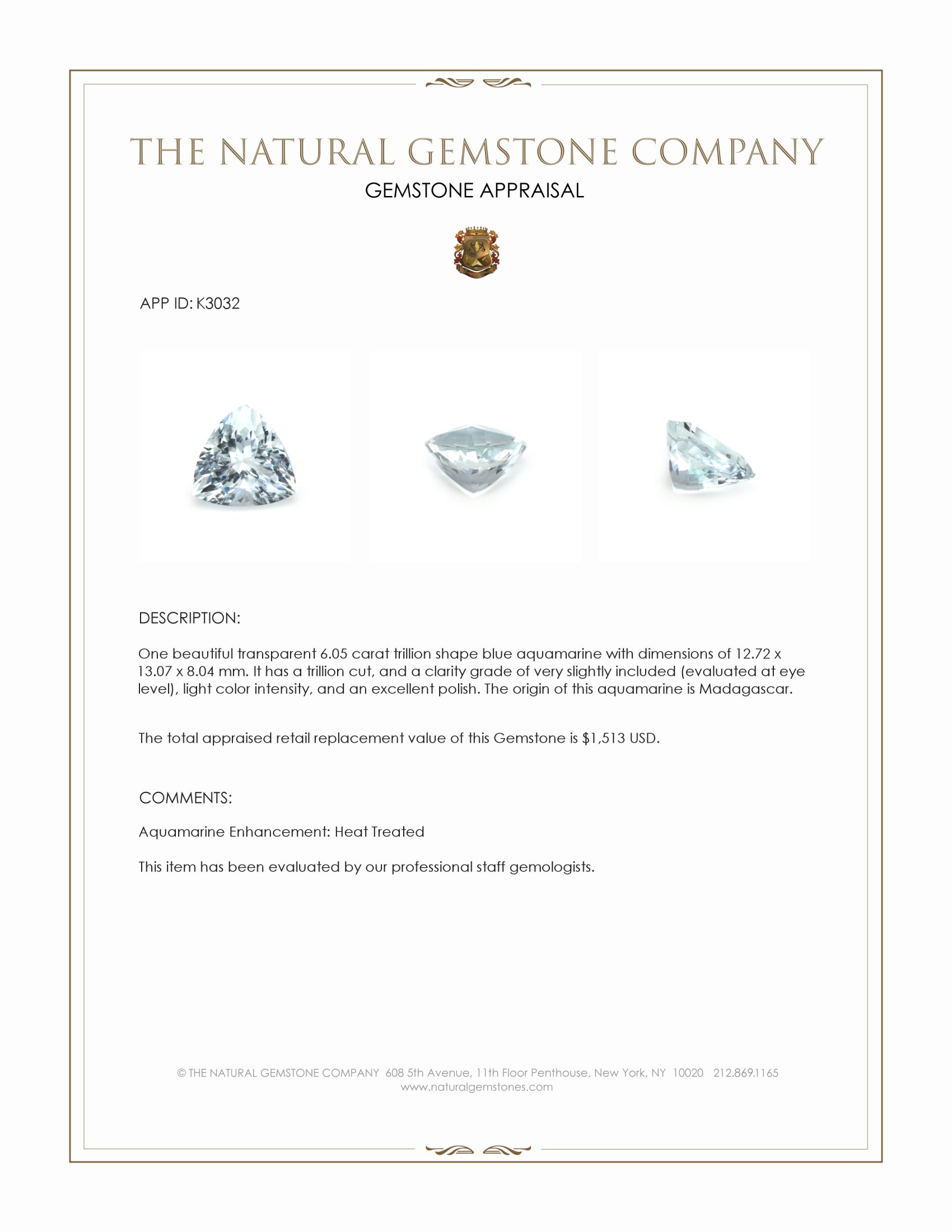 6.05 Ct. Blue Aquamarine from Madagascar