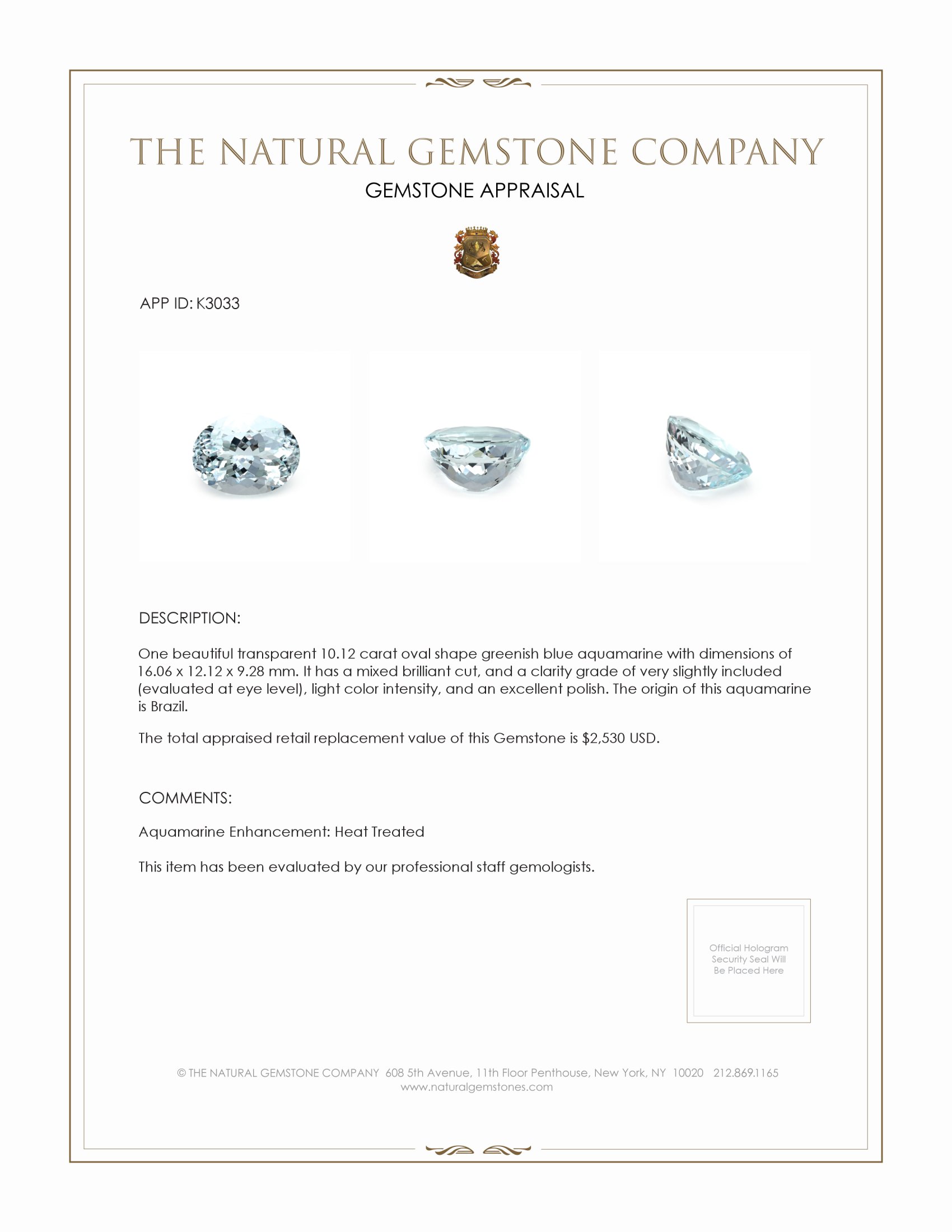 10.12 Ct. Aquamarine from Brazil