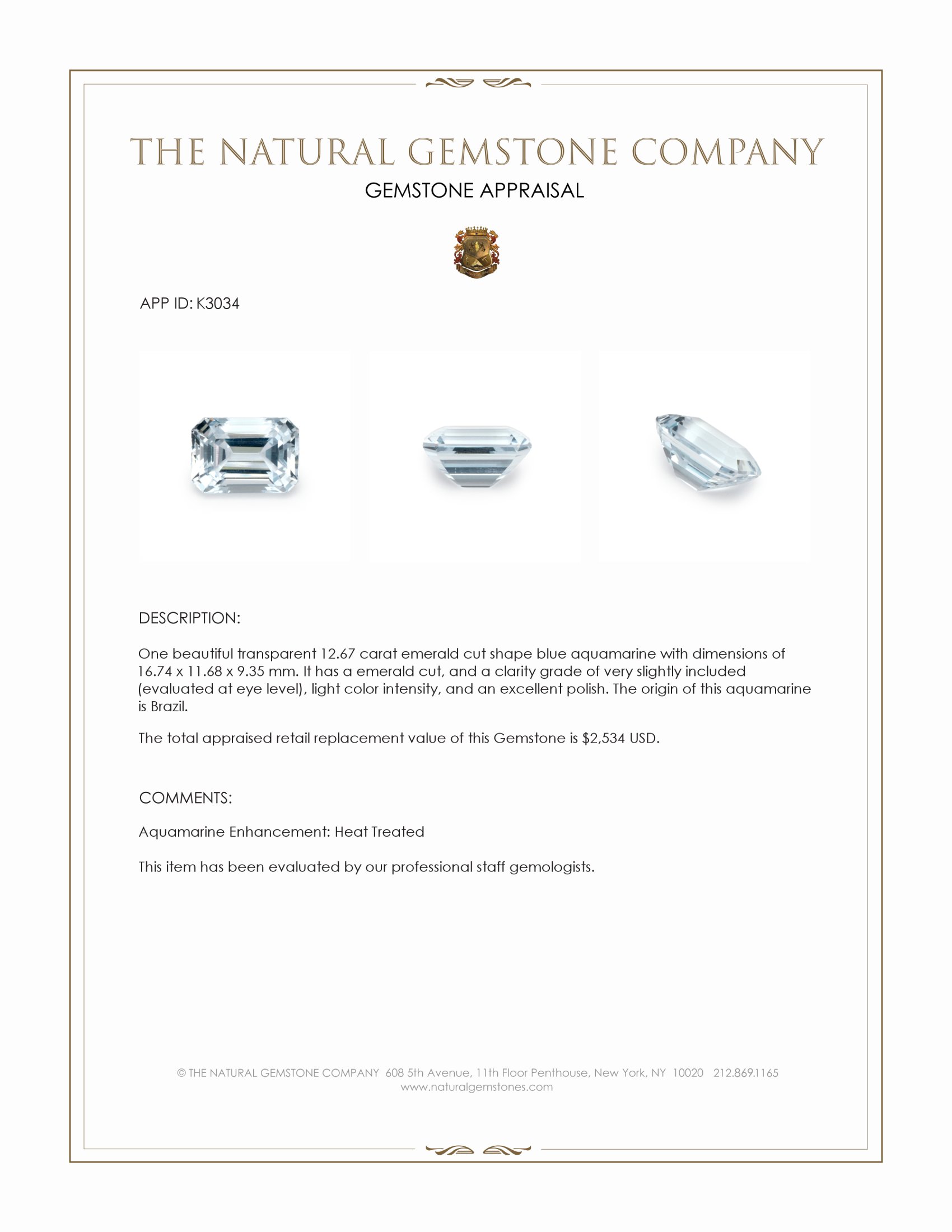 12.67 Ct. Blue Aquamarine from Brazil