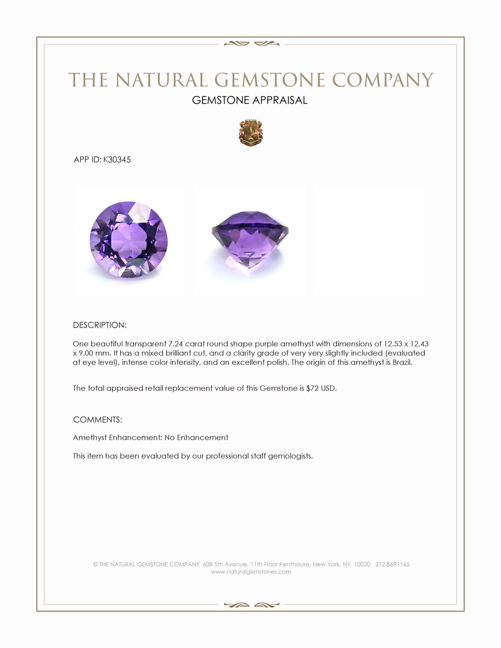 7.24 Ct. Purple Amethyst from Brazil