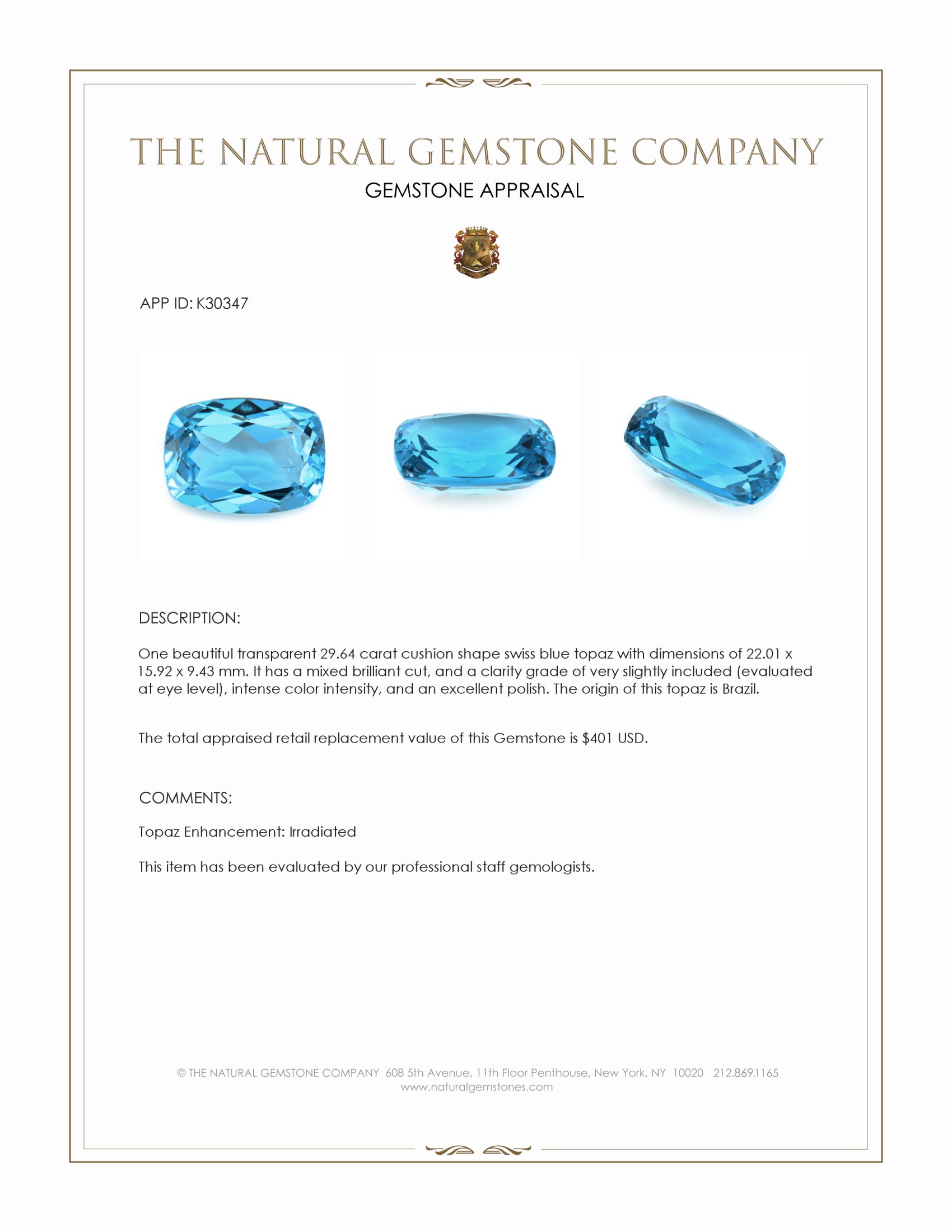 29.64 Ct. Swiss Blue Topaz from Brazil