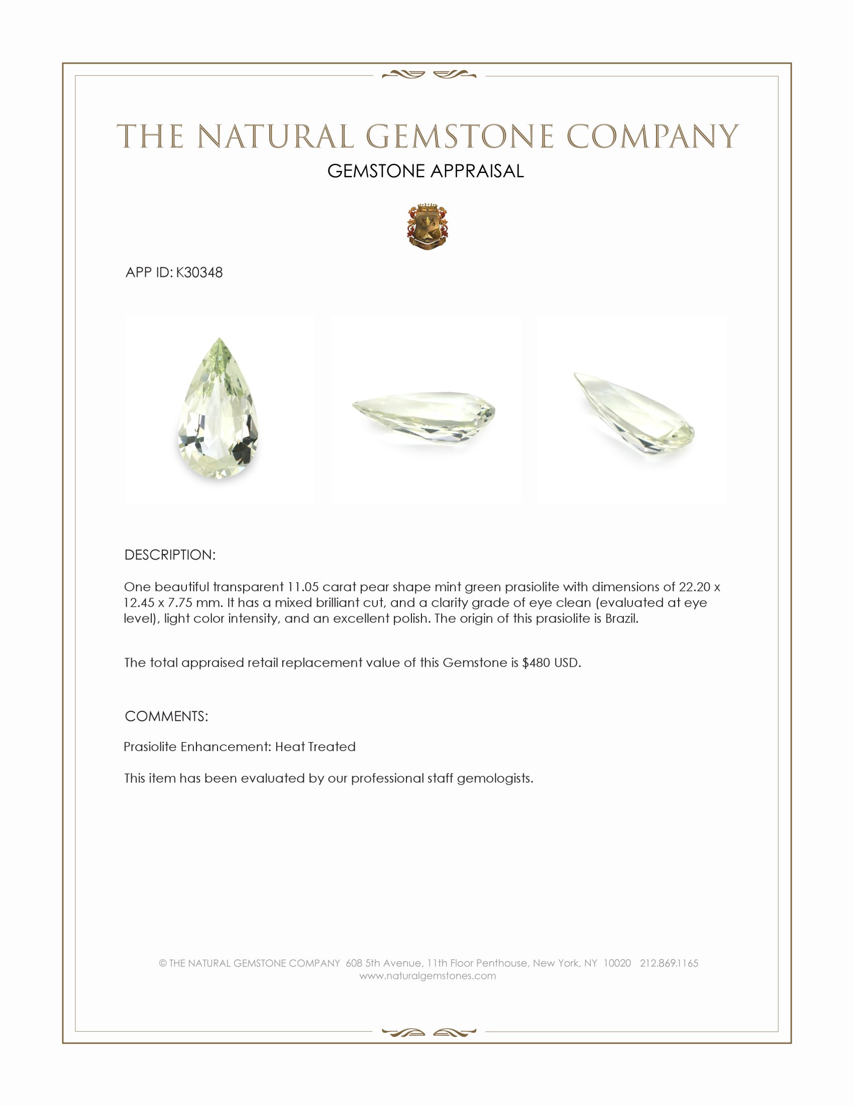 11.05 Ct. Mint Green Prasiolite from Brazil