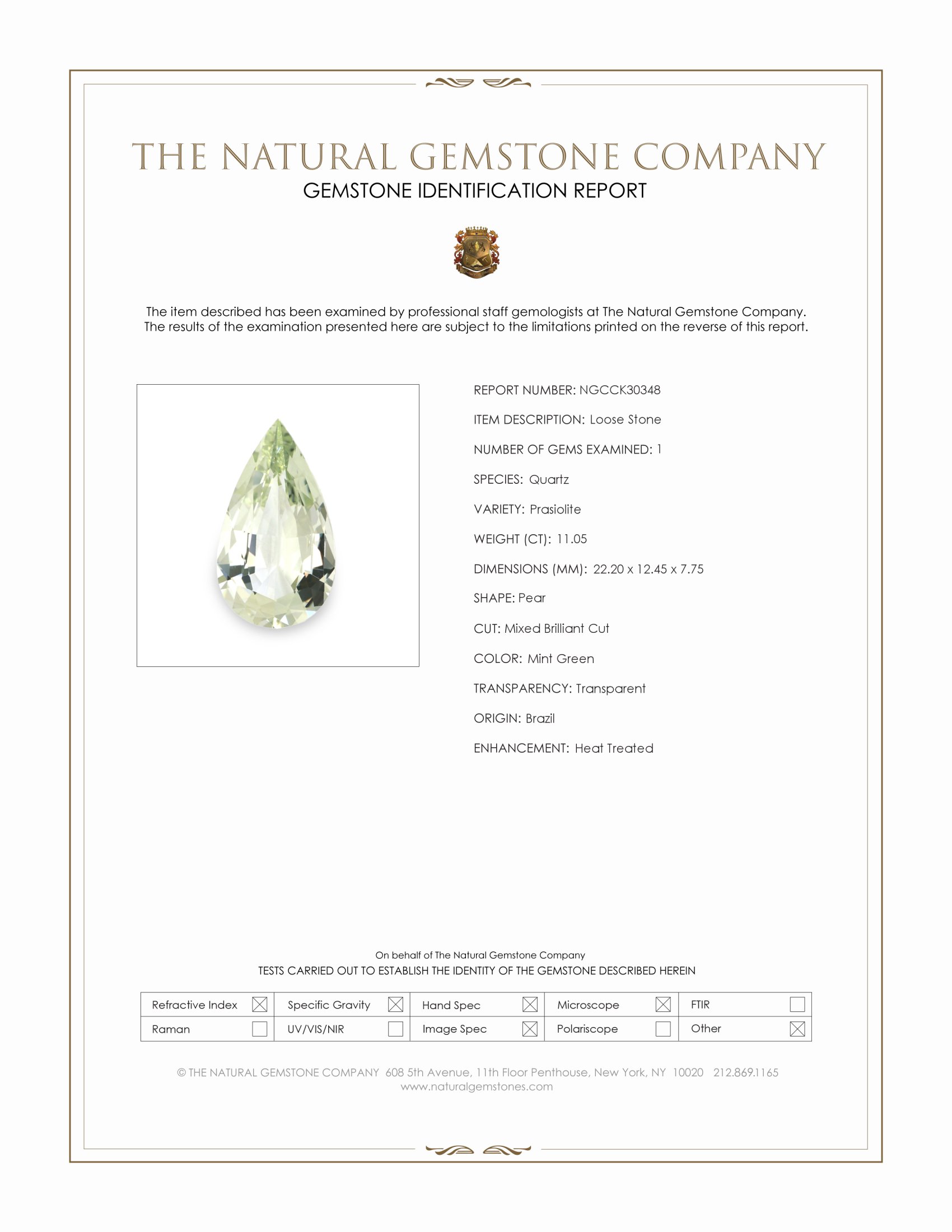 11.05 Ct. Mint Green Prasiolite from Brazil