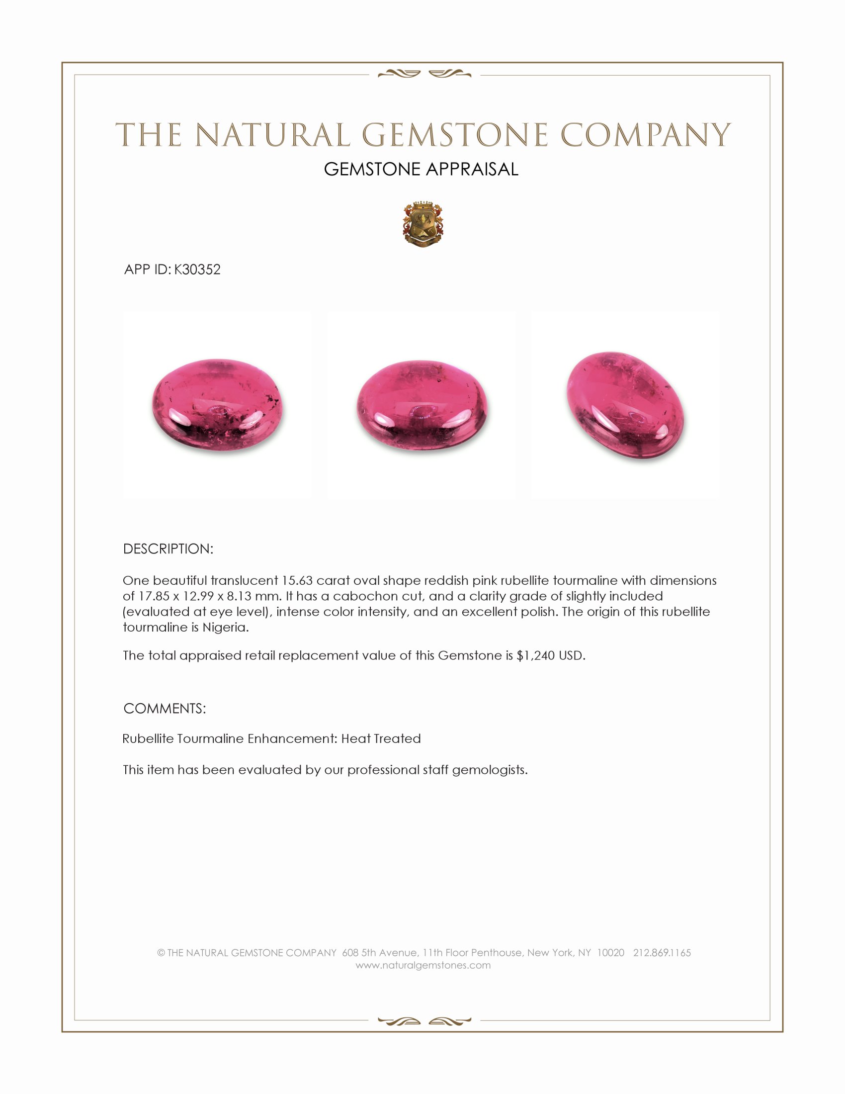 15.63 Ct. Reddish Pink Cabochon Rubellite Tourmaline from Nigeria