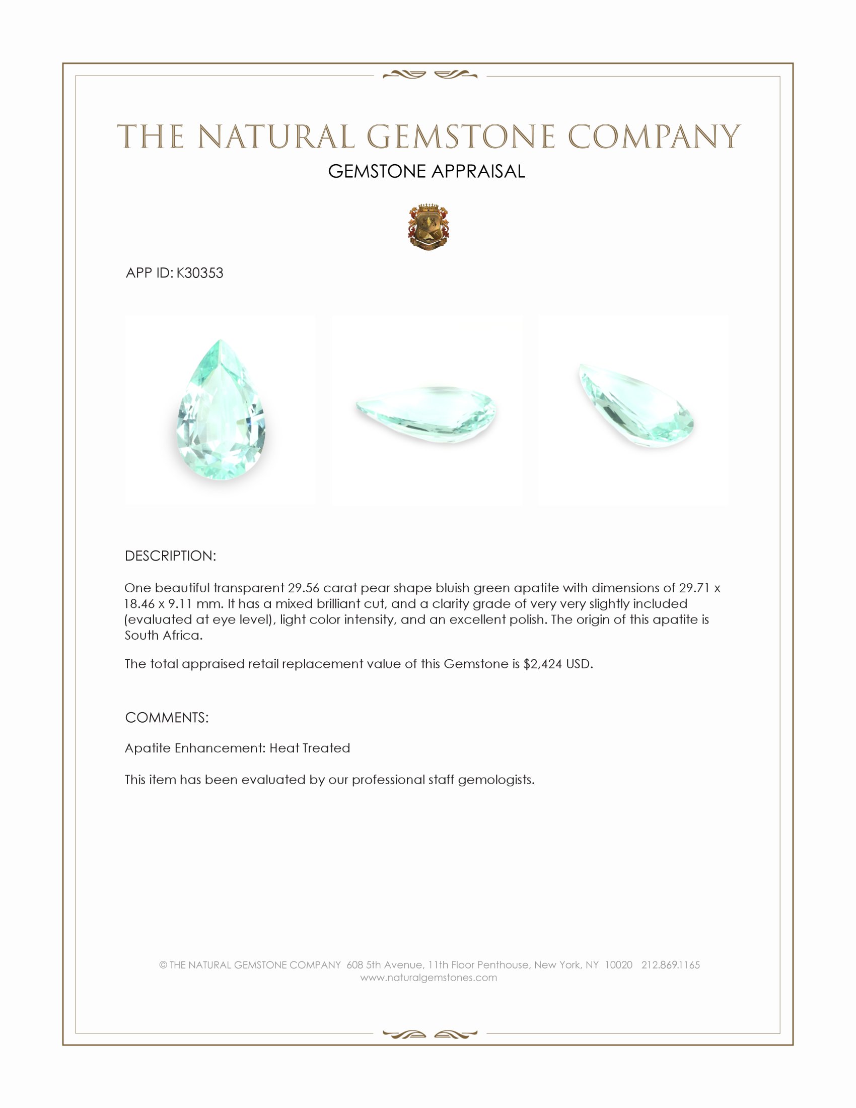 29.56 Ct. Bluish Green Apatite from South Africa