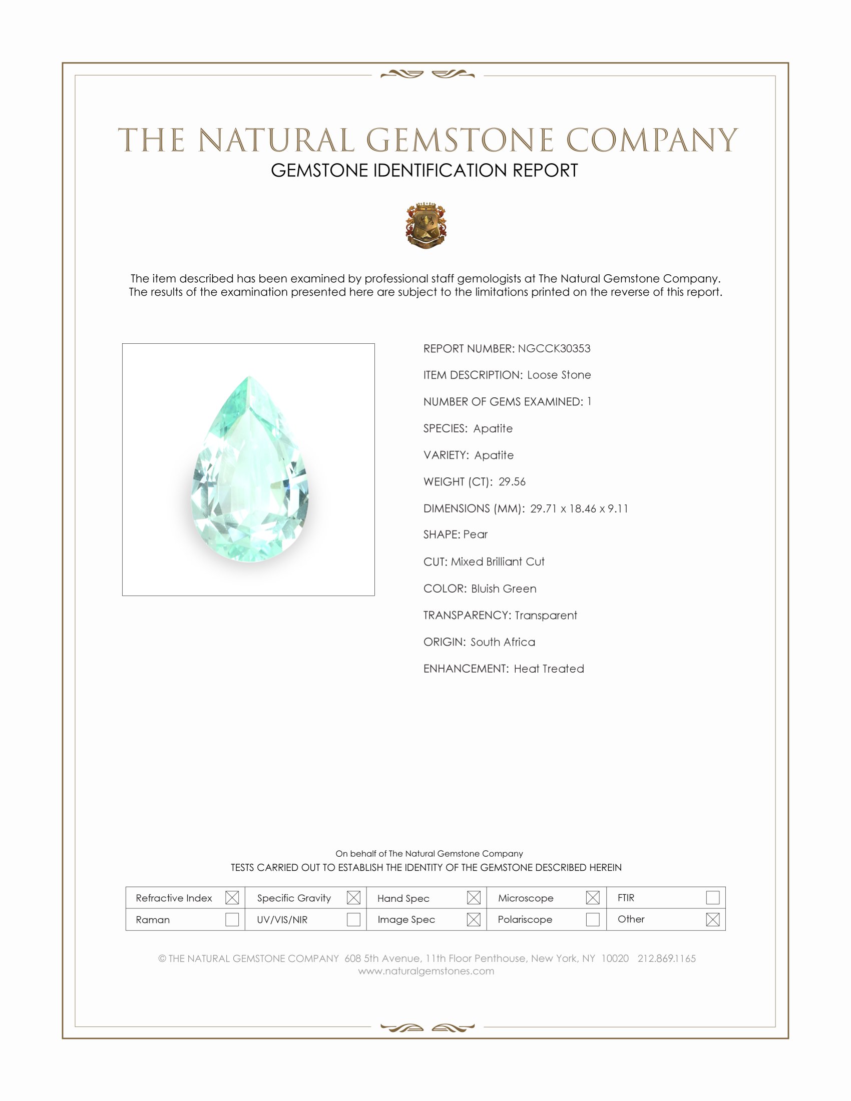 29.56 Ct. Bluish Green Apatite from South Africa