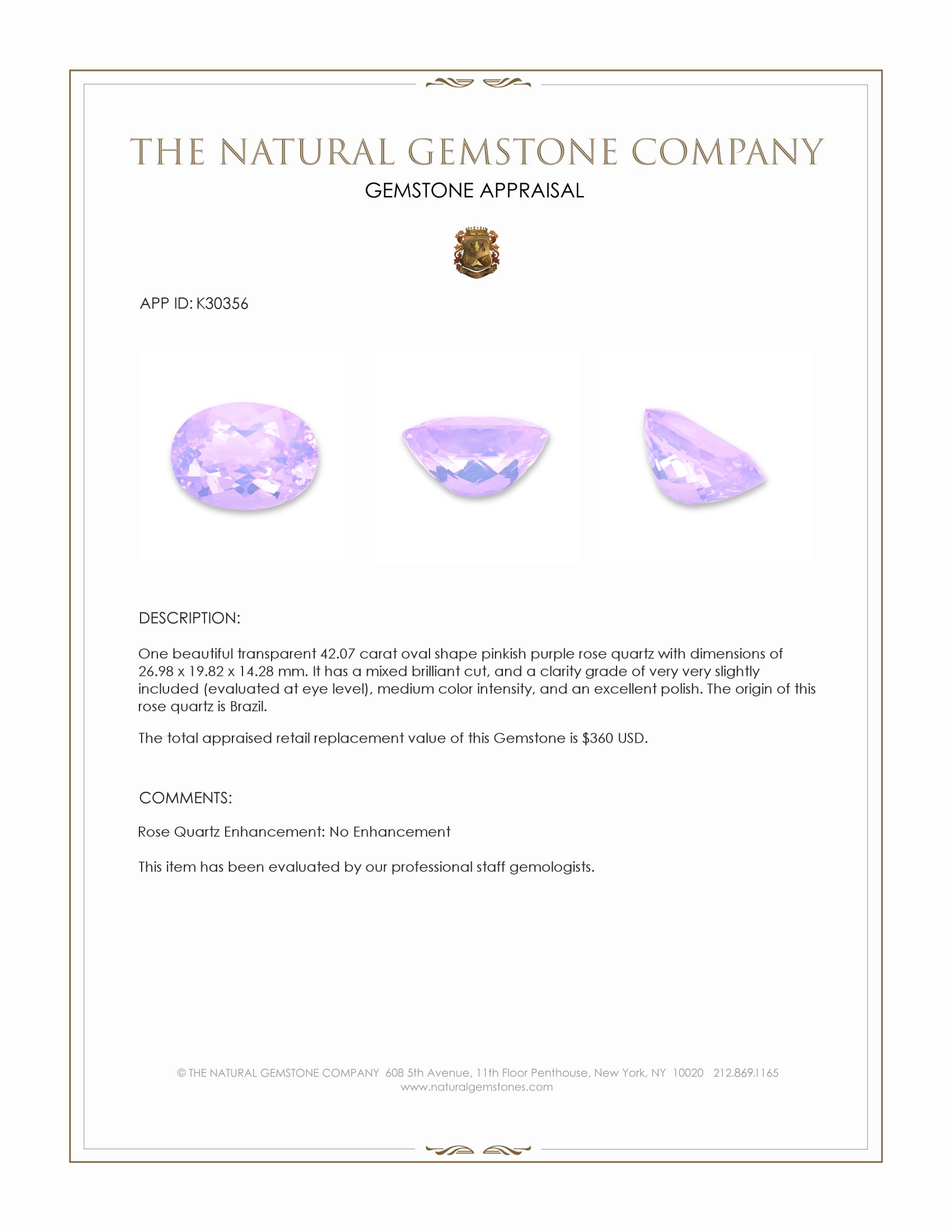 42.07 Ct. Pinkish Purple Rose Quartz from Brazil