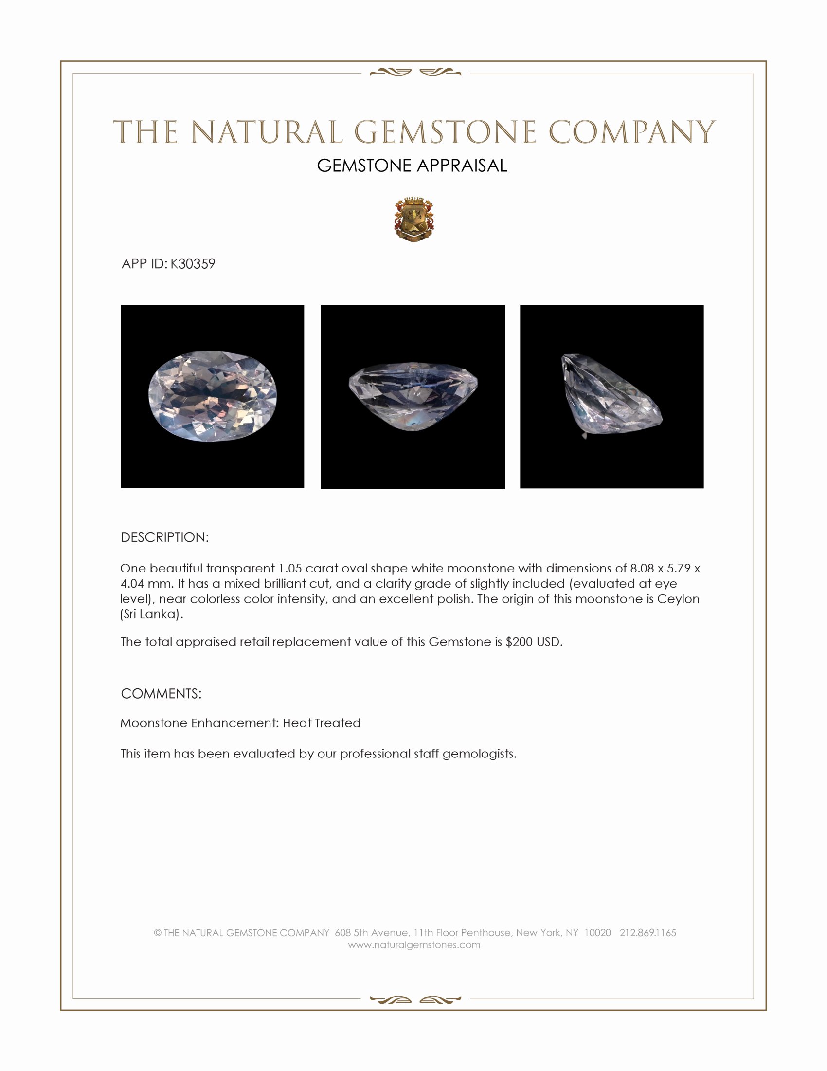 1.05 Ct. White Moonstone from Ceylon (Sri Lanka)