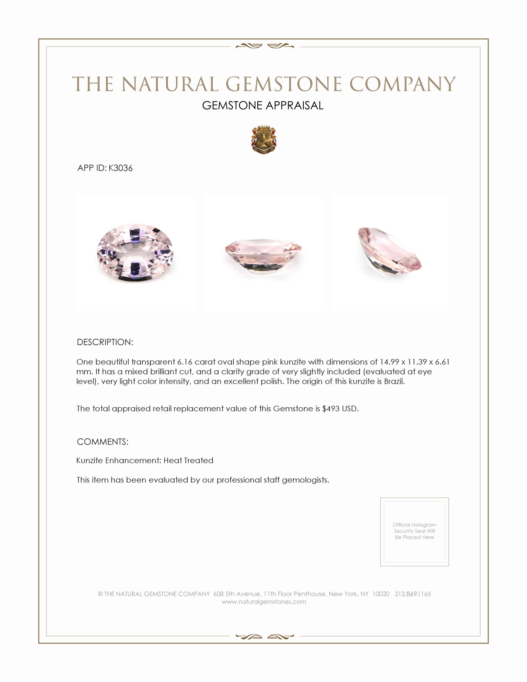 6.16 Ct. Kunzite from Brazil