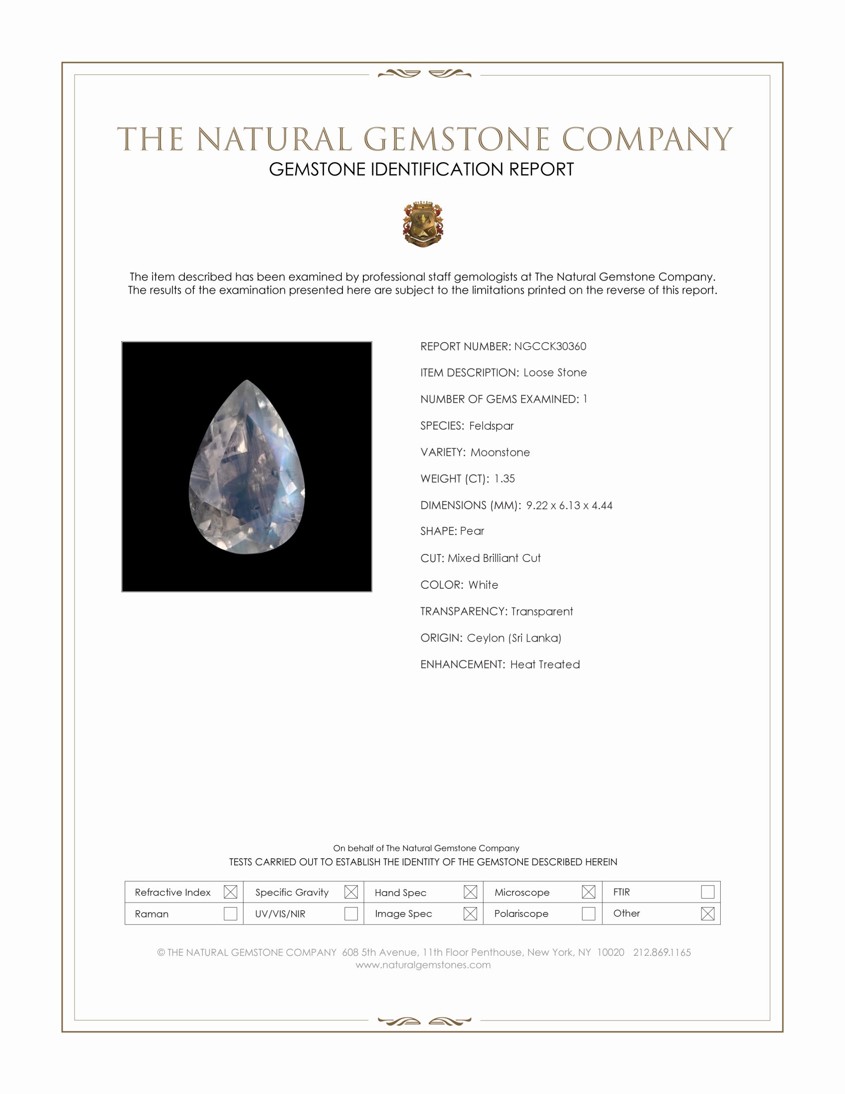 1.35 Ct. White Moonstone from Ceylon (Sri Lanka)