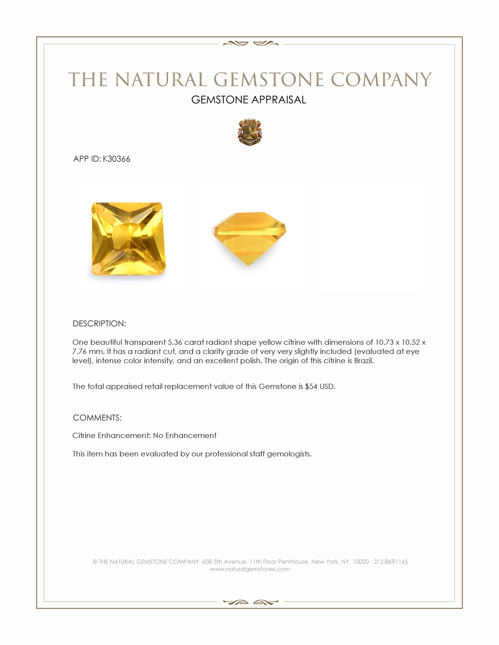 5.36 Ct. Yellow Citrine from Brazil