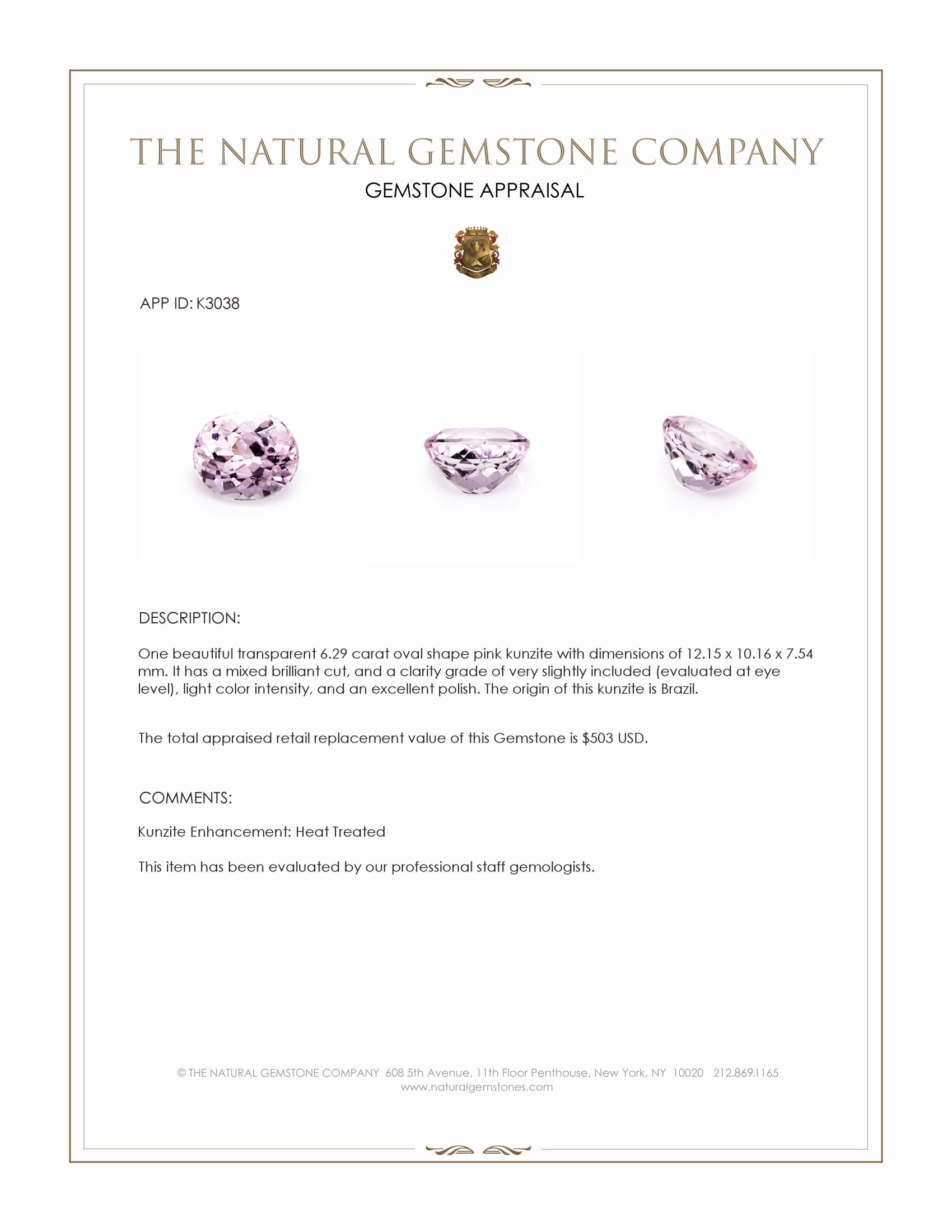 6.29 Ct. Kunzite from Brazil