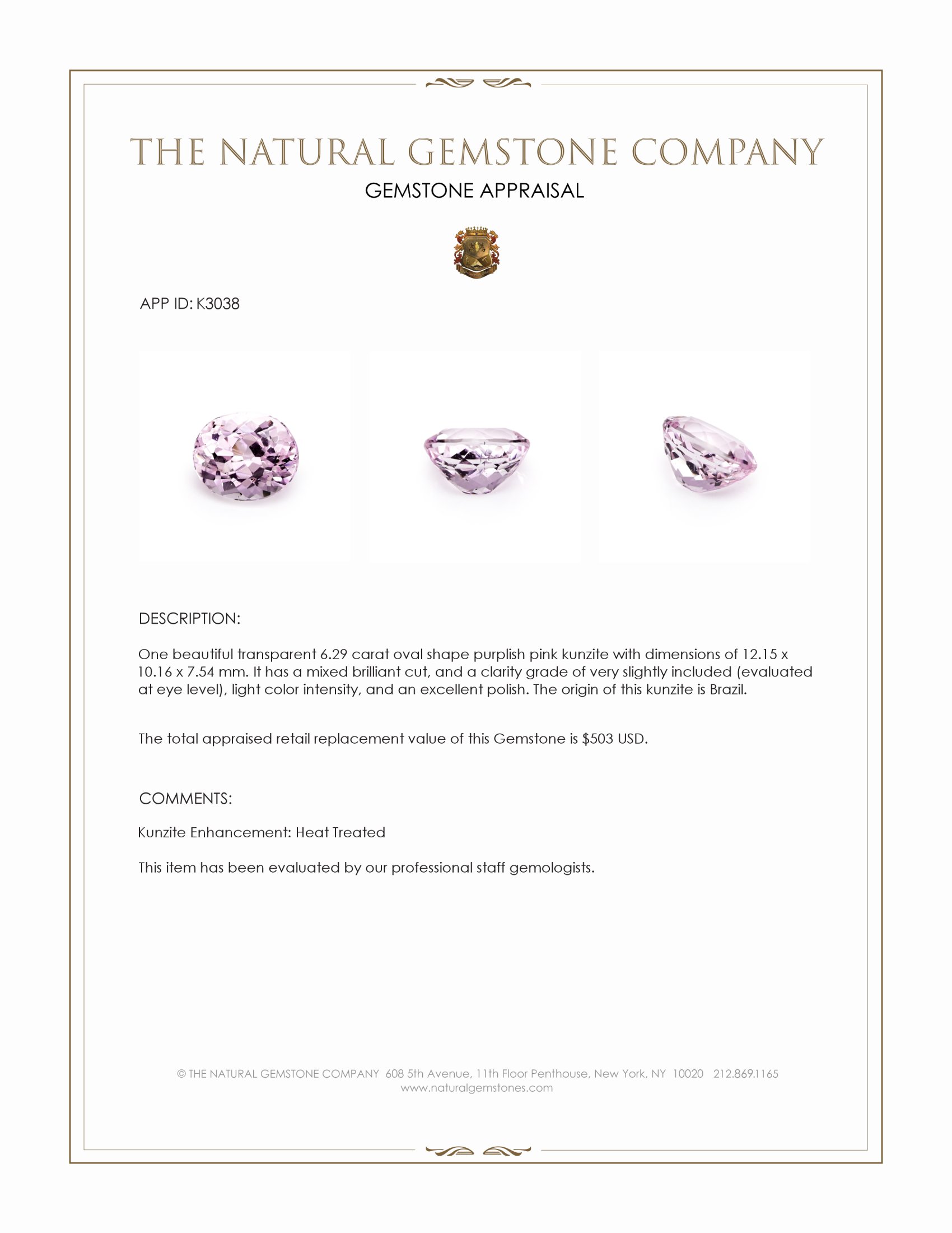 6.29 Ct. Kunzite from Brazil