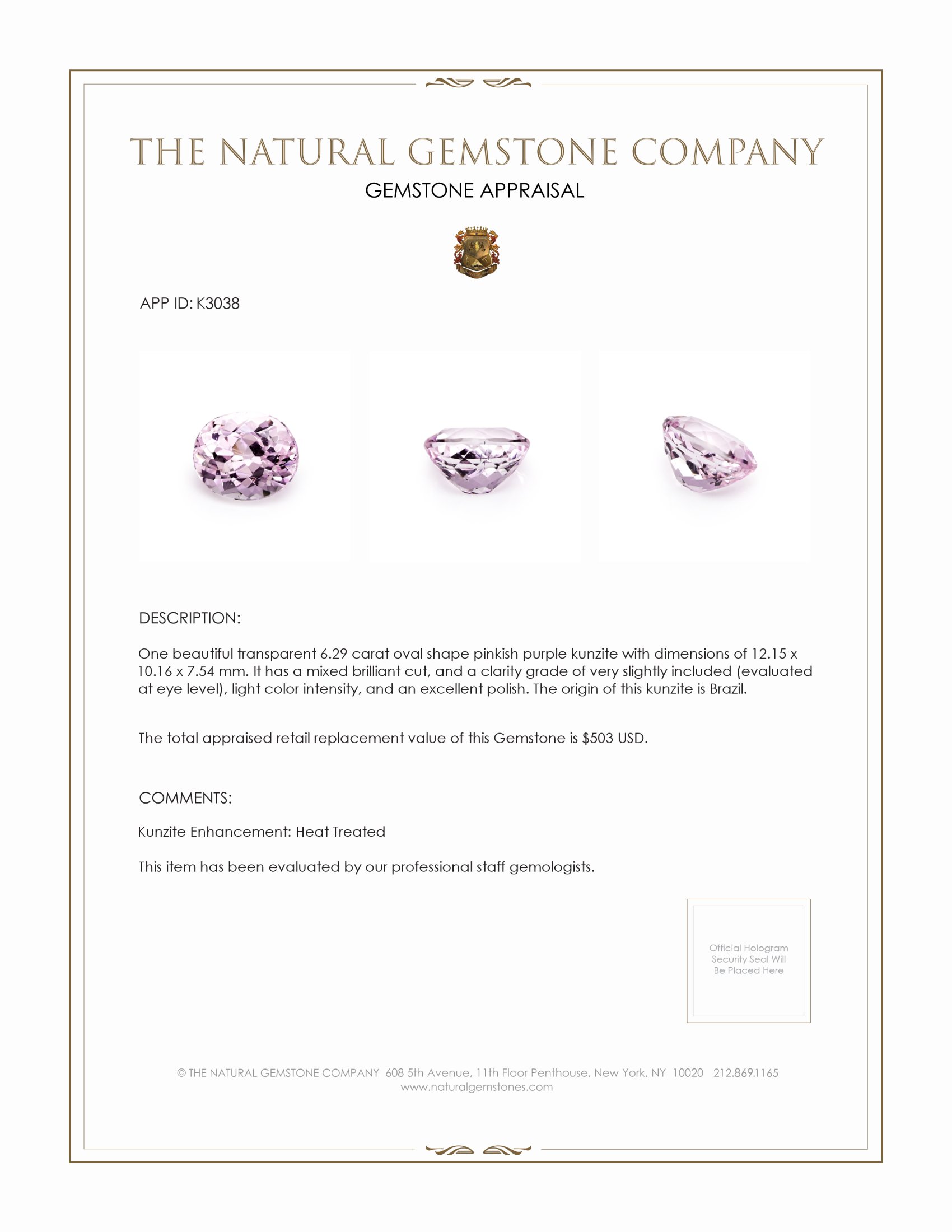 6.29 Ct. Kunzite from Brazil