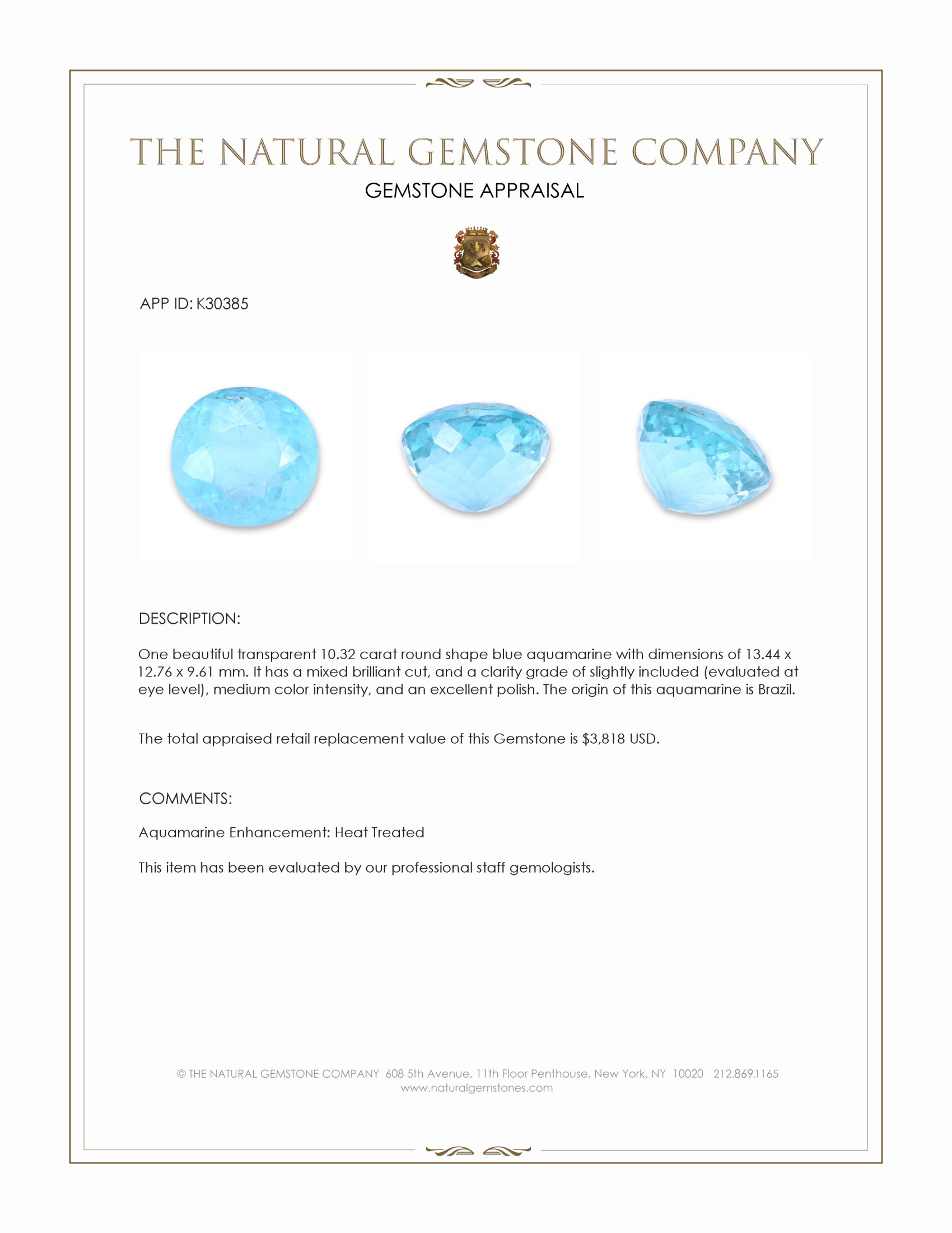 10.32 Ct. Blue Aquamarine from Brazil