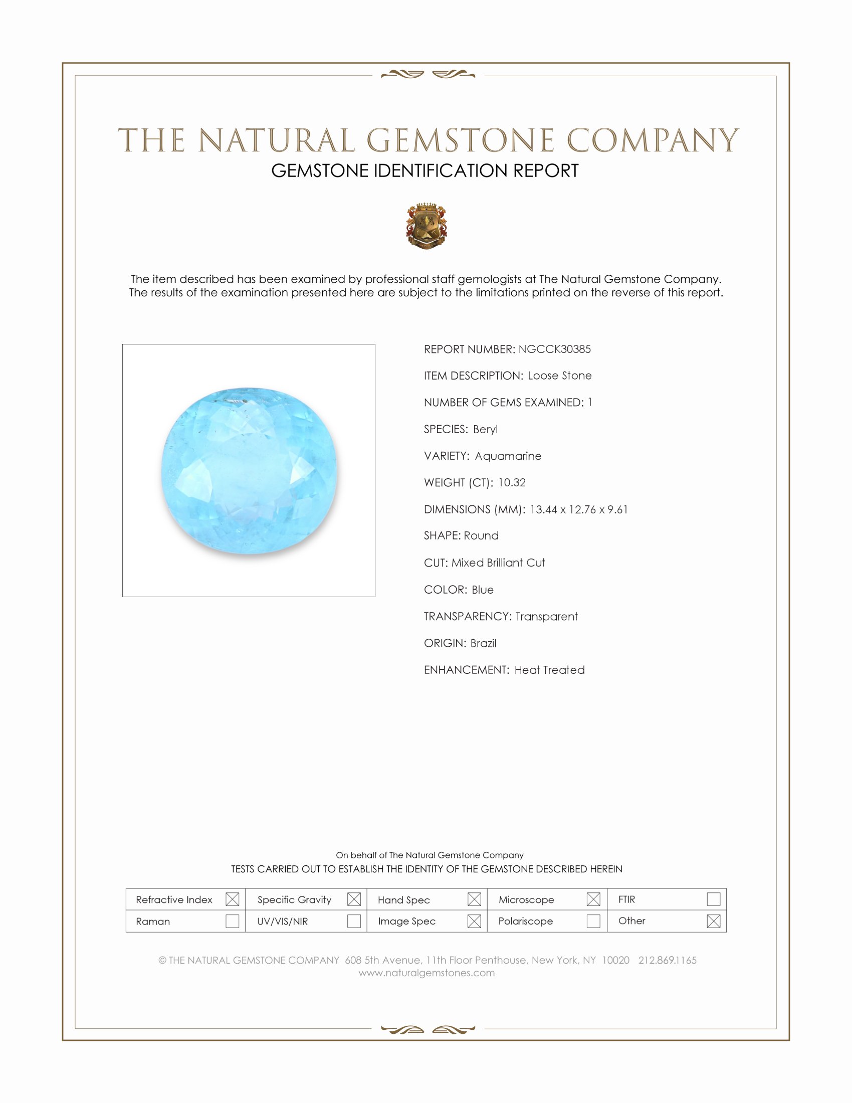 10.32 Ct. Blue Aquamarine from Brazil