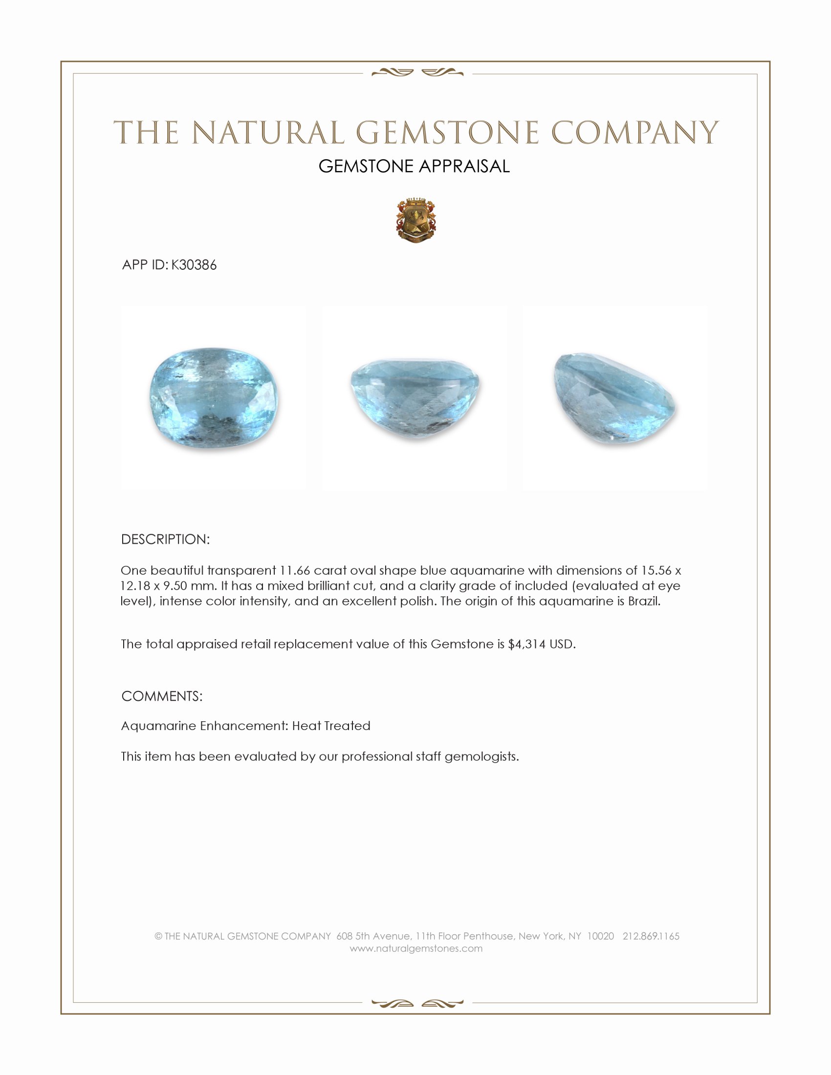 11.66 Ct. Blue Aquamarine from Brazil
