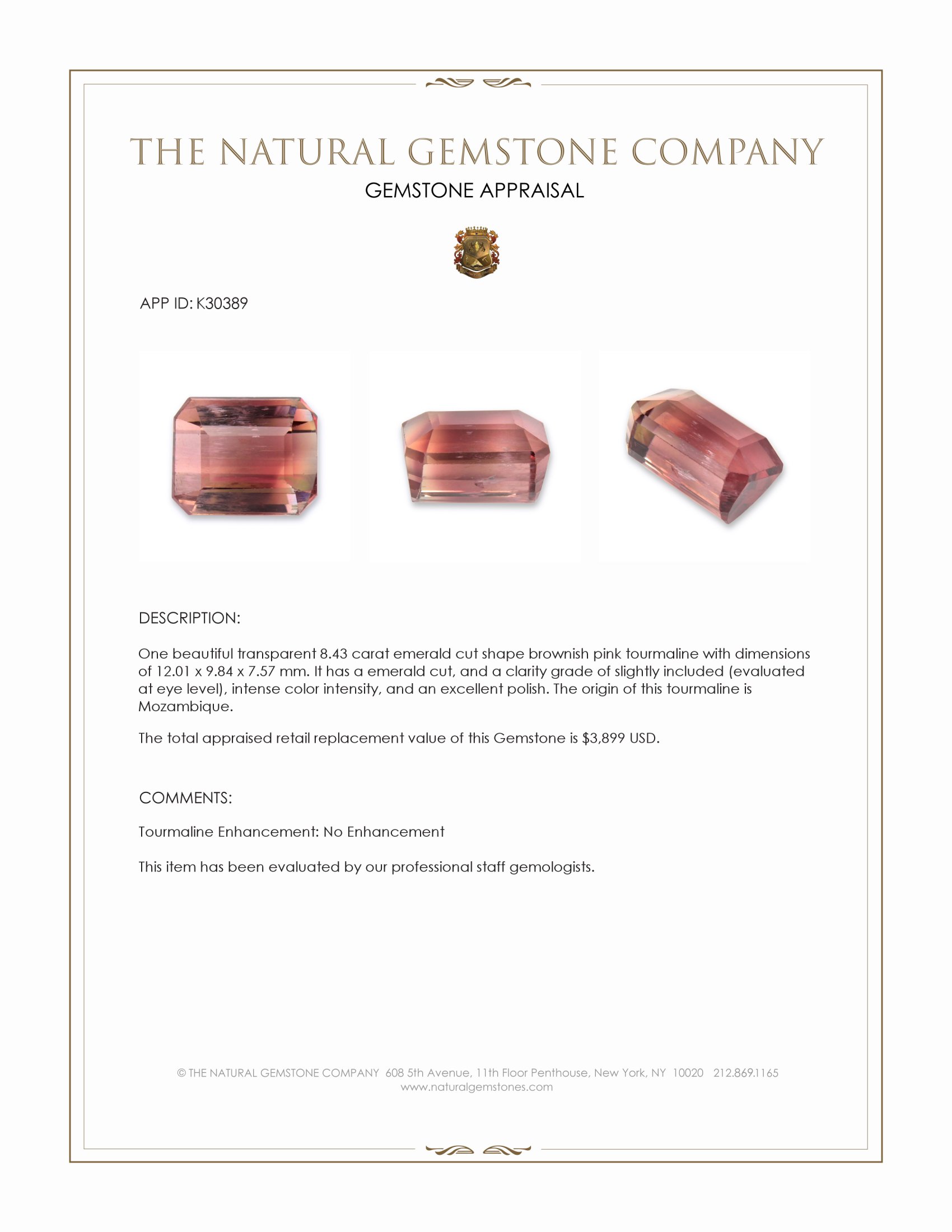 8.43 Ct. Brownish Pink Tourmaline from Mozambique