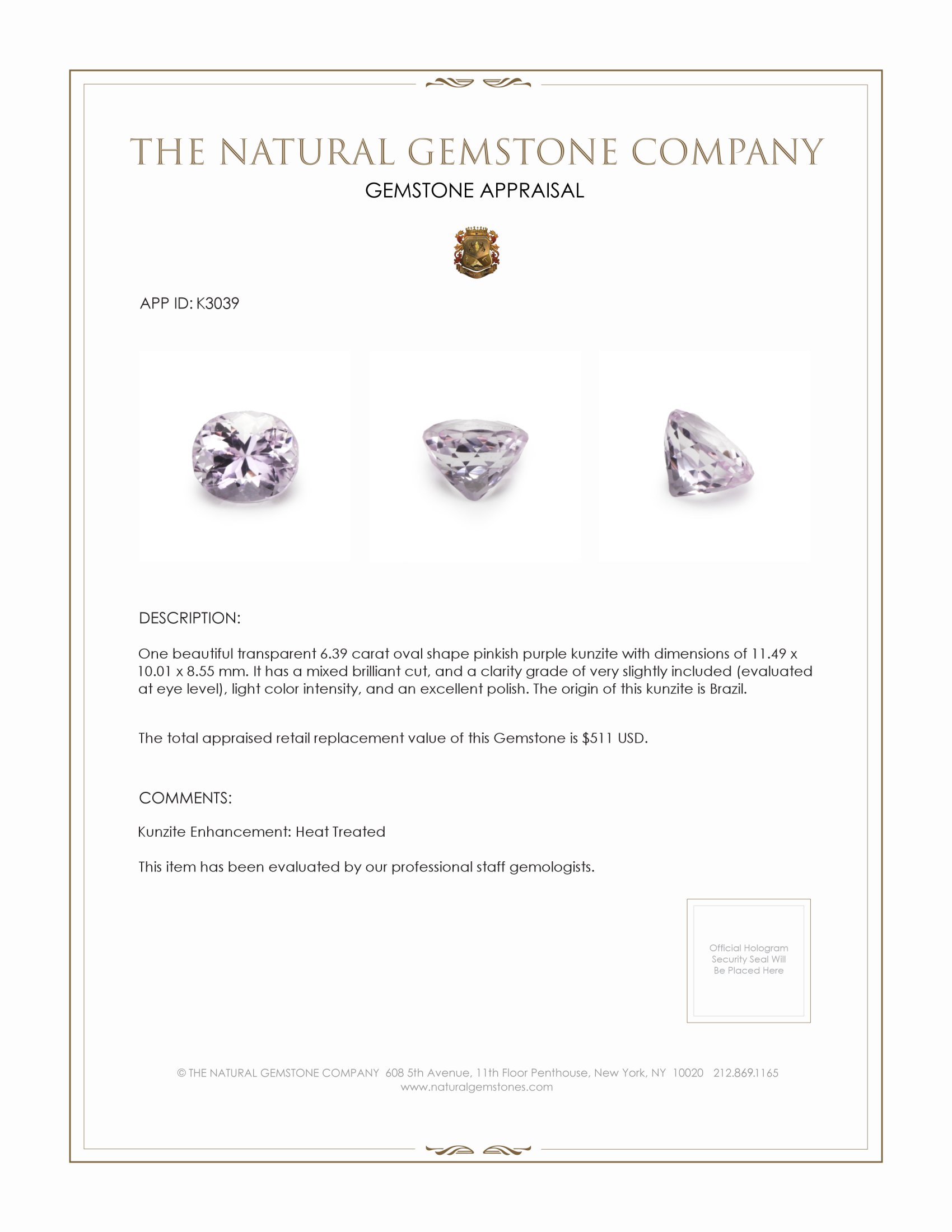 6.39 Ct. Kunzite from Brazil