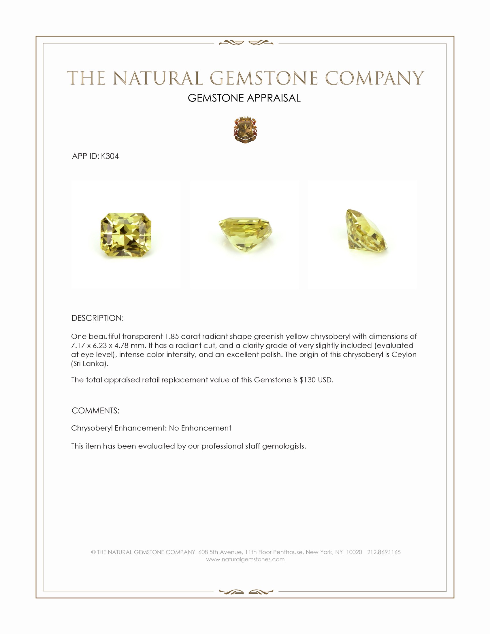 1.85 Ct. Chrysoberyl from Ceylon (Sri Lanka)