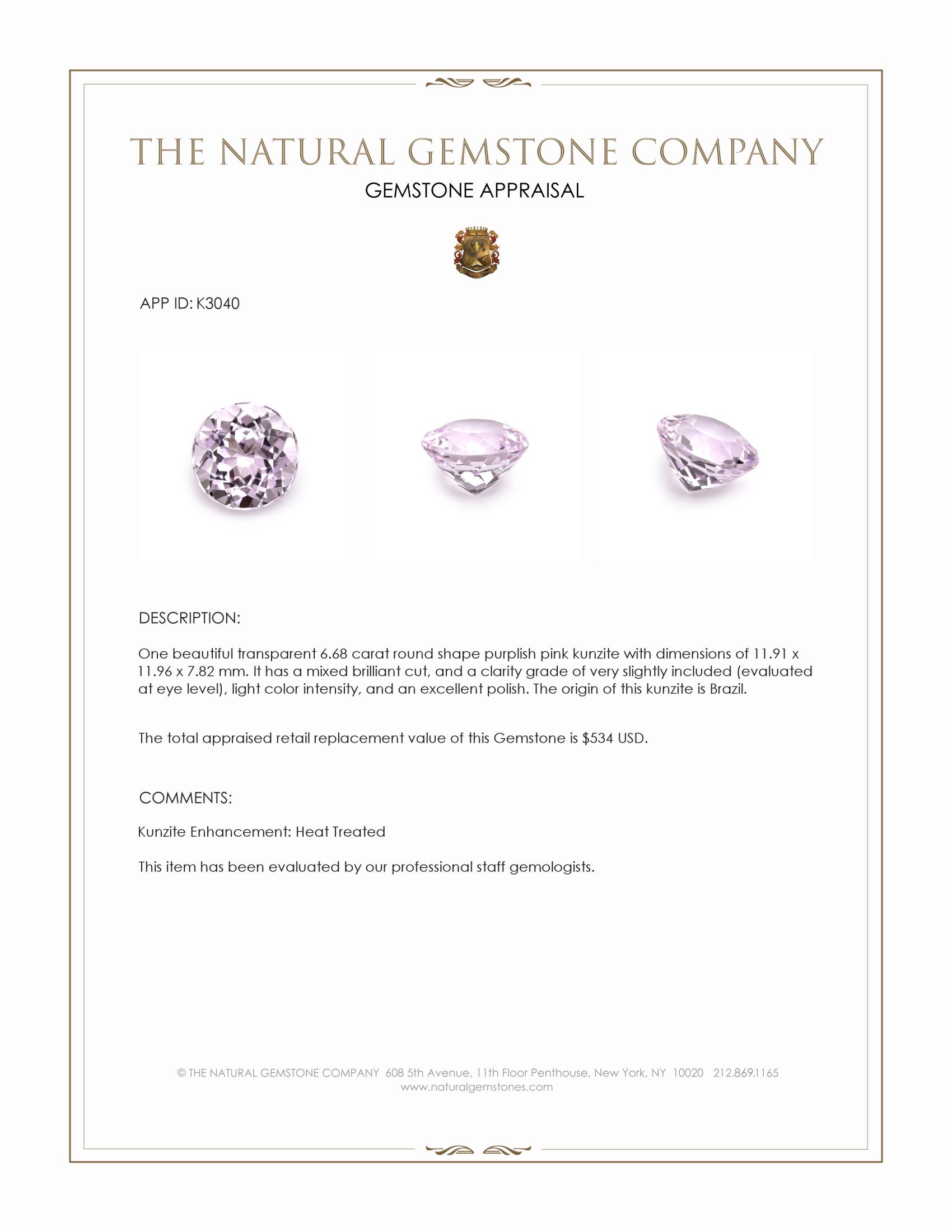 6.68 Ct. Purplish Pink Kunzite from Brazil