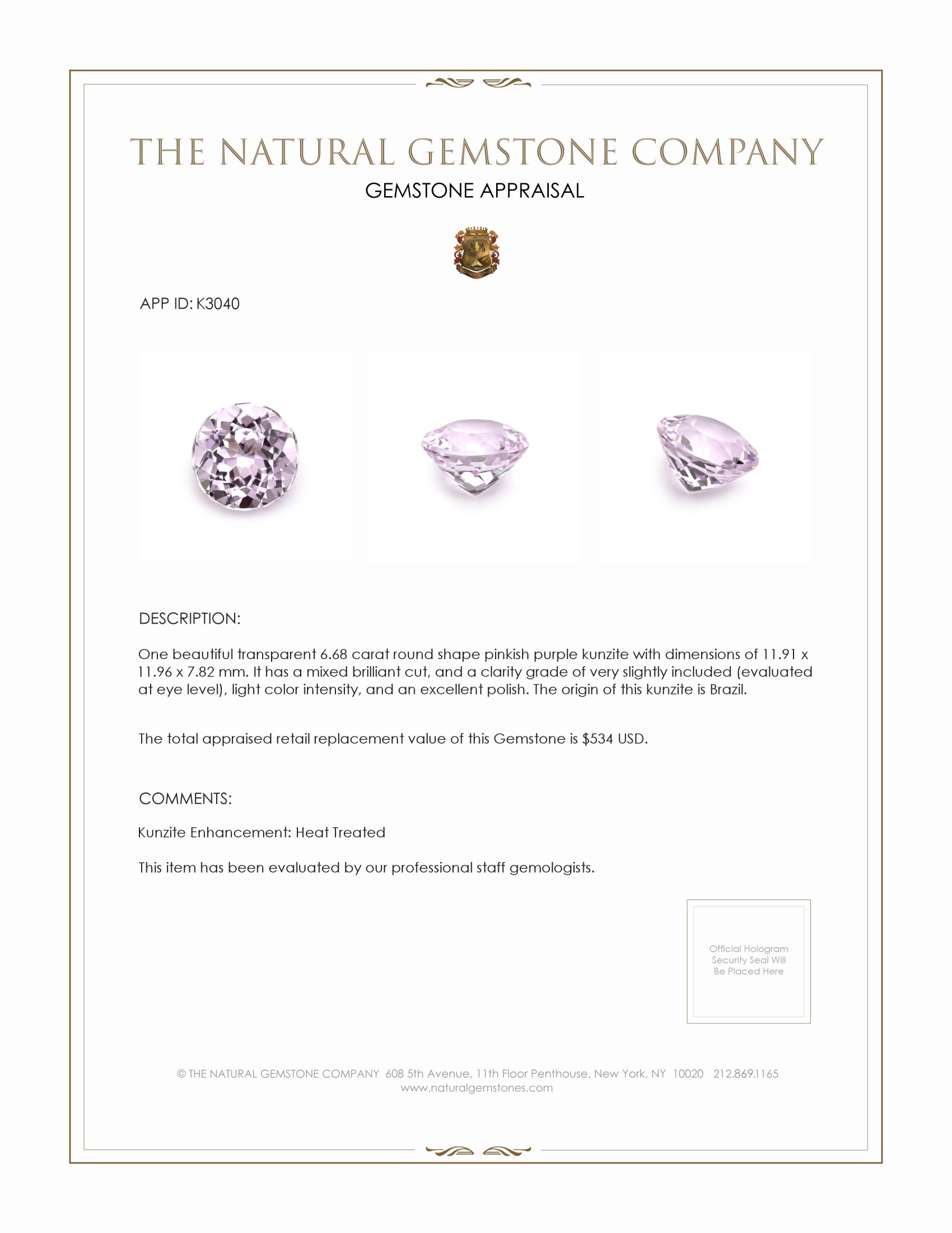 6.68 Ct. Kunzite from Brazil